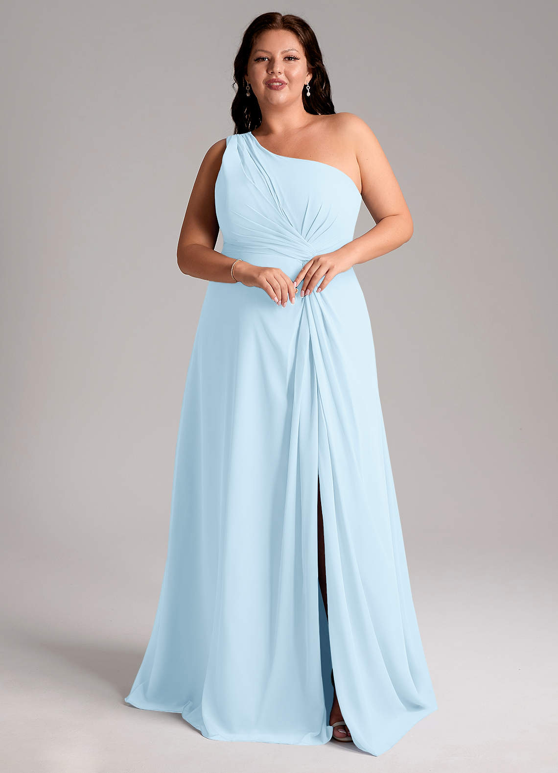 Azazie Brooke Vestidos de madrinha de casamento Vestido Céu Azul de Chiffon de Linha A com Um ombro image9