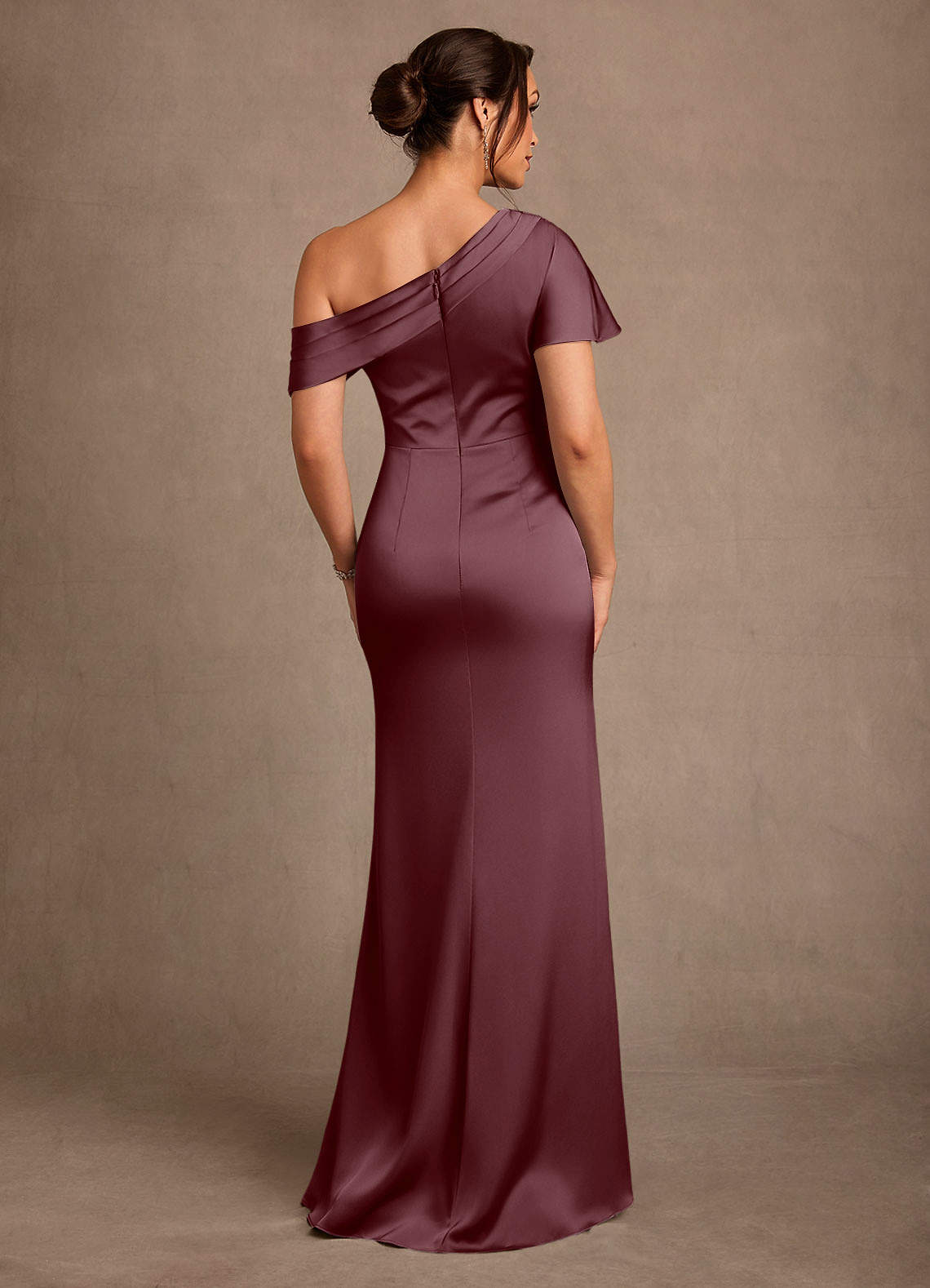 Azazie Rutha Mother of the Bride Dresses Sangria Sheath One Shoulder Stretch Satin Dress image1