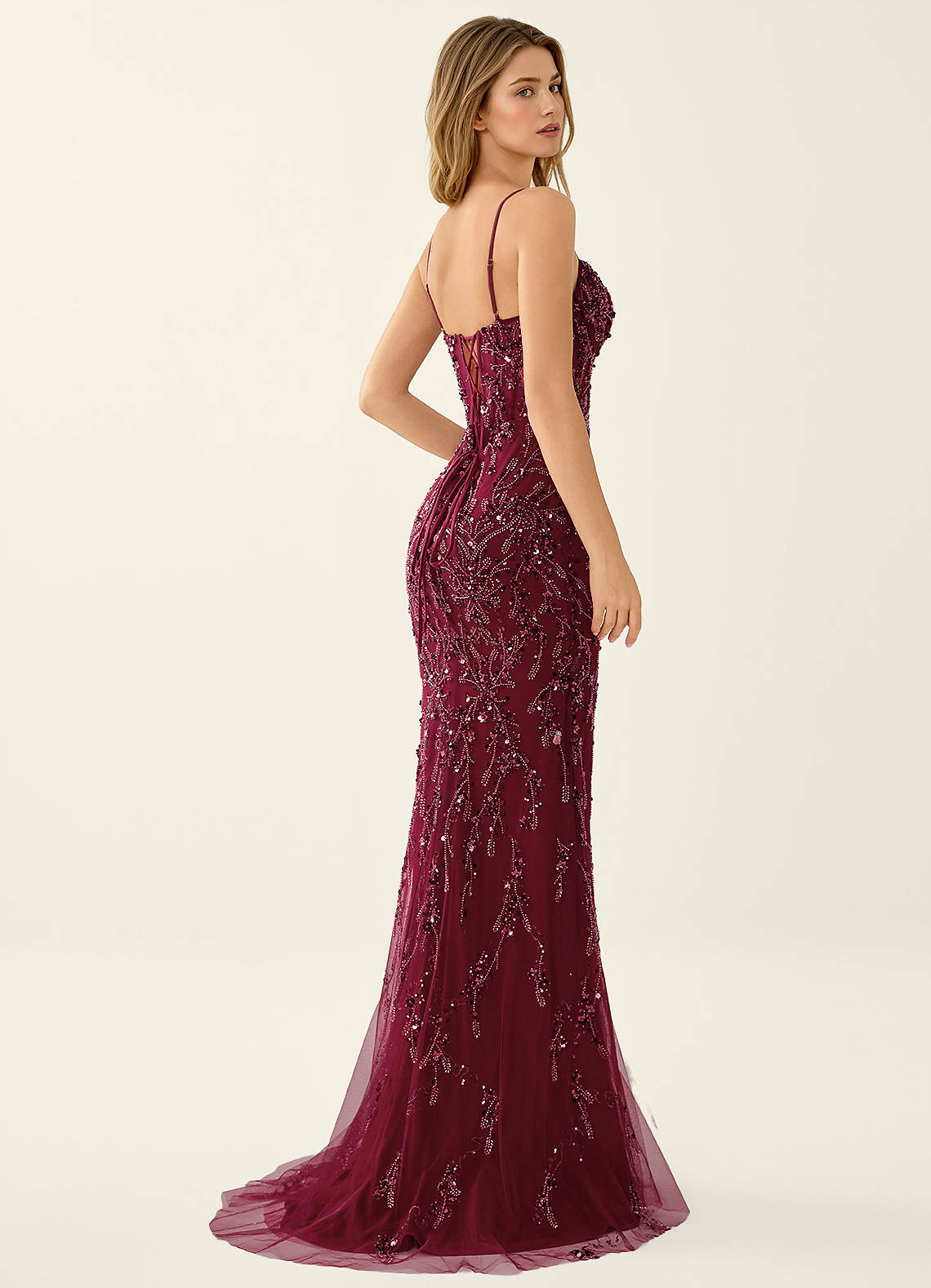 Zivah Burgundy Beaded Corset Lace Up Back Mermaid Dress image2