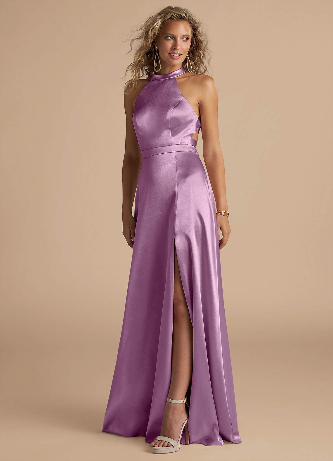 Azazie Clarice Bridesmaid Dresses Wisteria A-Line High Neck Metallic Satin Dress image1