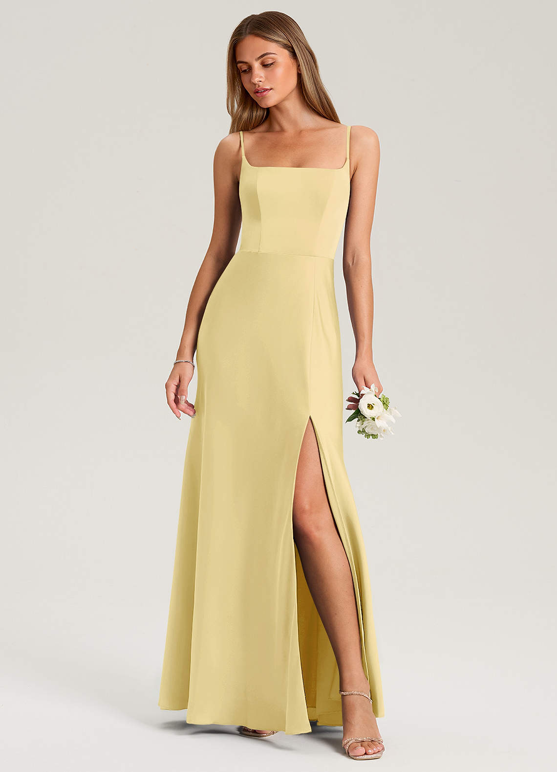 Azazie Lidia Robes de demoiselle d'honneur Robe Sirène en Satin extensible Fente Latérale Sorbet Citron image1
