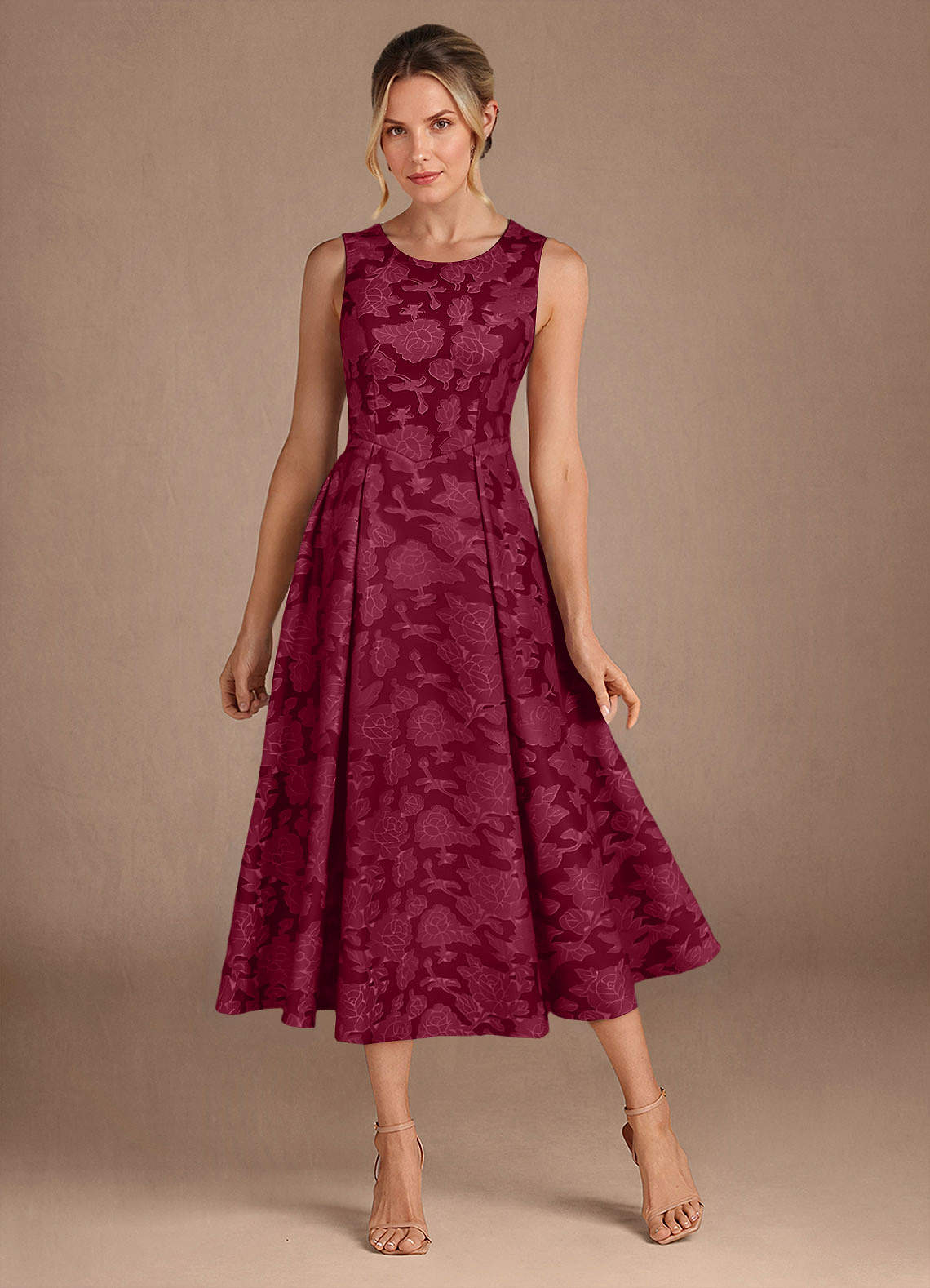 Azazie Fulton vestidos de madre de la novia Vestido de Borgoña de Devorado Floral de Corte En A con Plisado image1