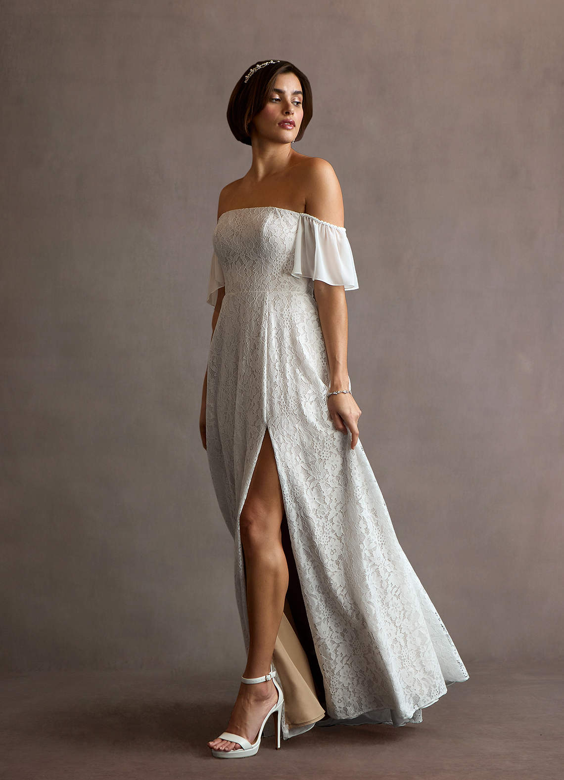 Azazie Cambri Diamond White Nude A-Line Off the Shoulder Lace