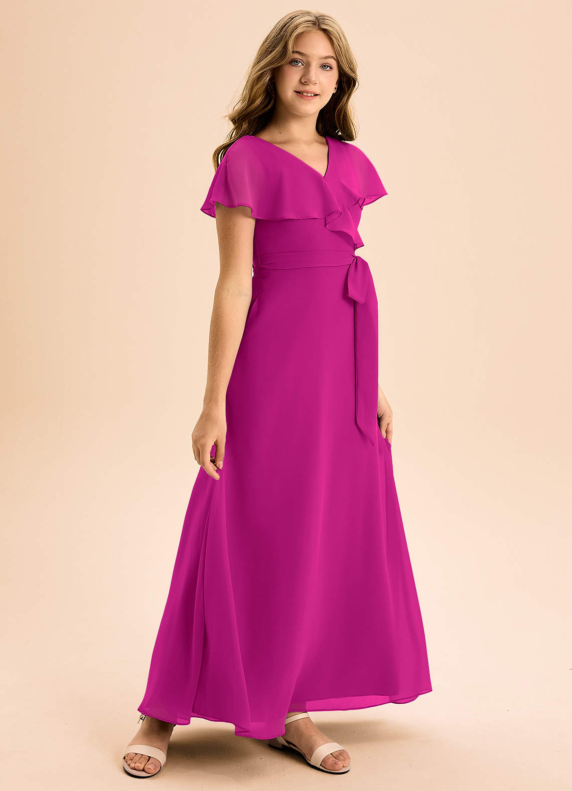 Azazie Lainey Junior Abito A-Line in Chiffon Con Tasche Fucsia image1