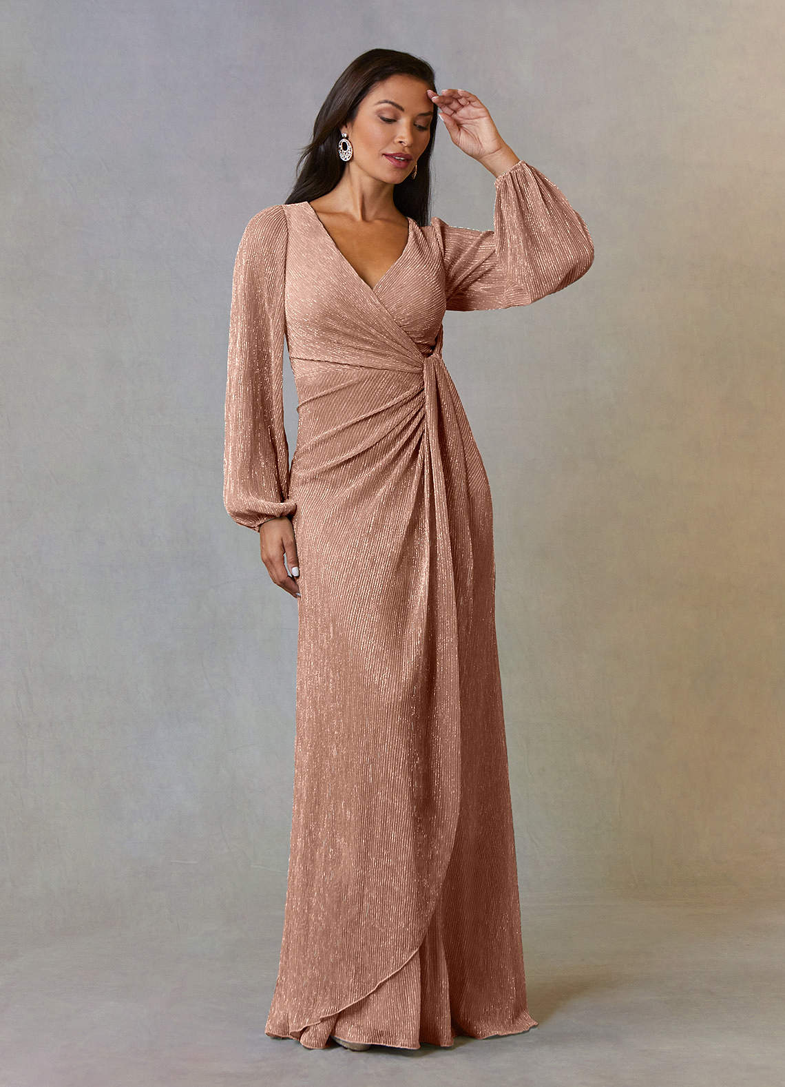 Upstudio Sterling Mother of the Bride Dresses Rose Gold A-Line Ruched Metallic Mesh Dress image1