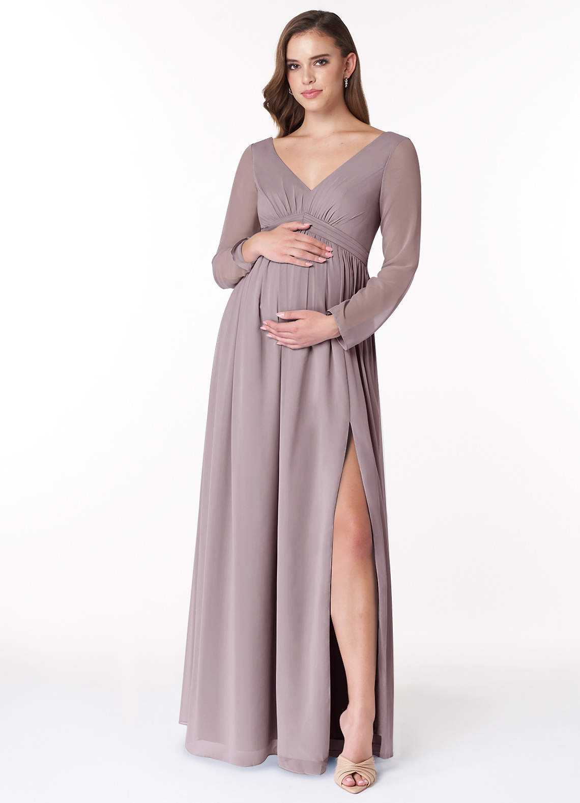 Azazie Teton Robes de demoiselle d'honneur de maternité Robe Trapèze Manche longue Longueur ras du sol Mousseline de soie image1