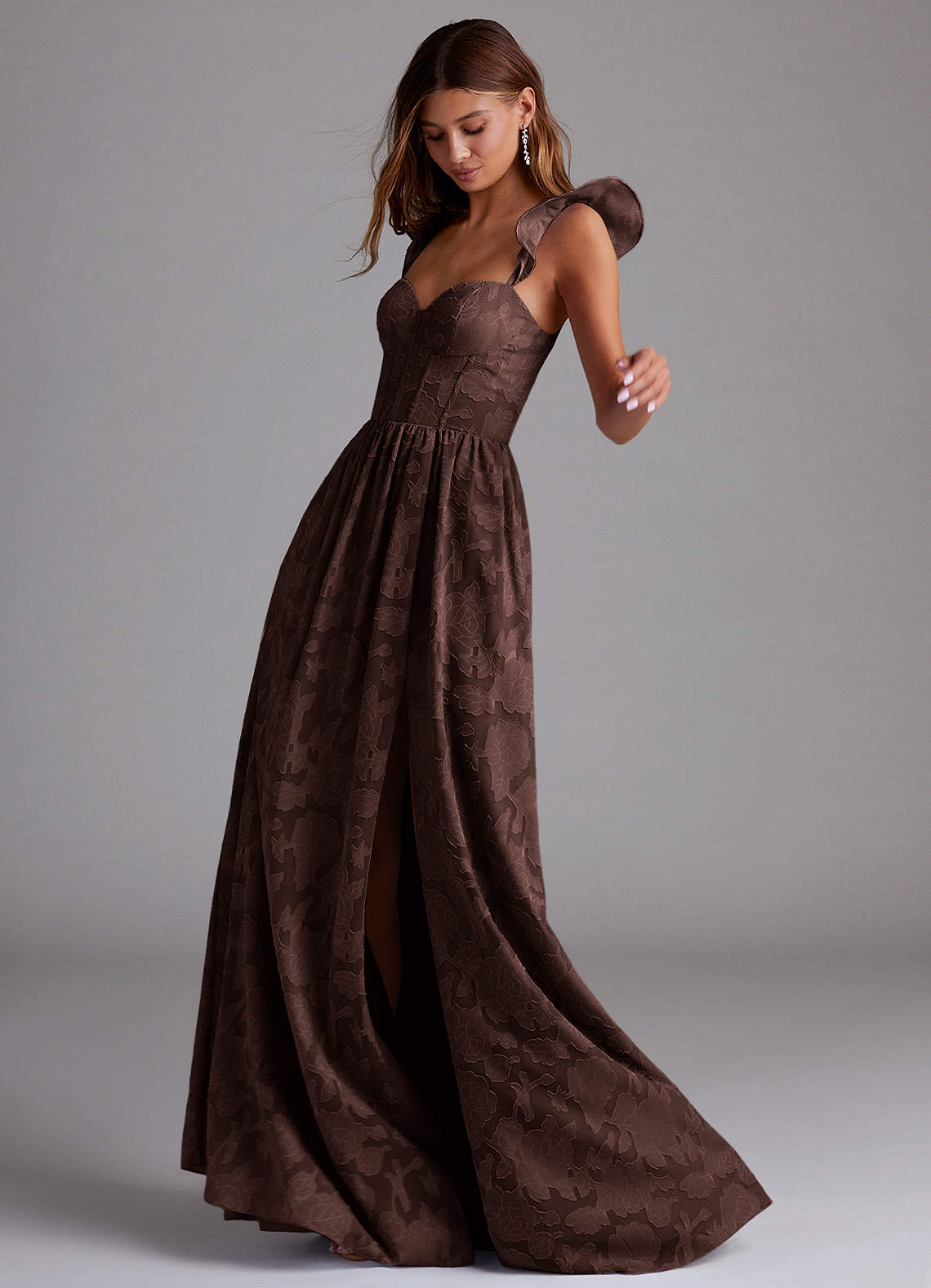 Azazie Denisse Vestidos de madrinha de casamento Vestido Ganache de Esgotamento Floral de Linha A com Ruched image1