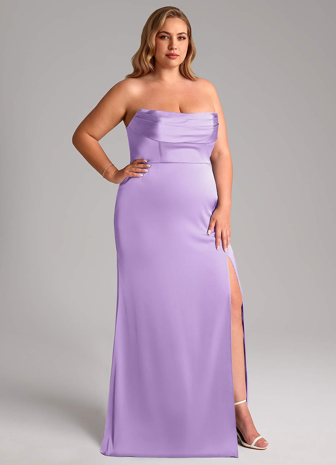 Azazie Saige Bridesmaid Dresses Lilac Sheath Off the Shoulder Stretch Satin Dress image16