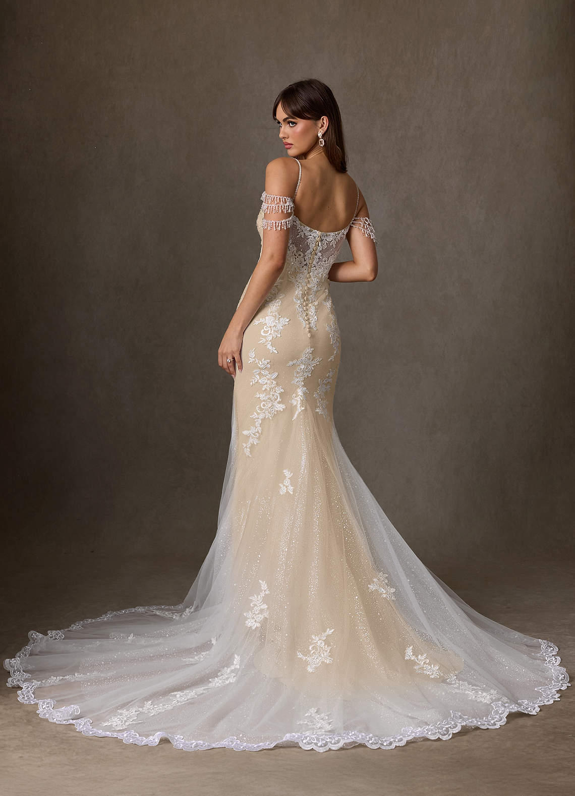 Azazie Saskia Diamond White Champagne Mermaid Sequins Tulle Dress