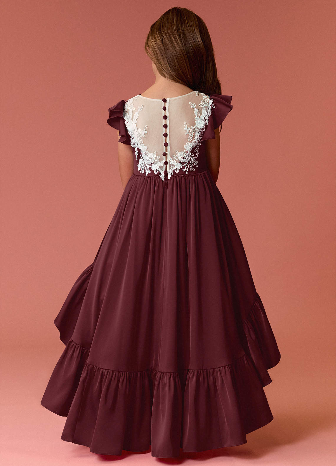 Barbie ♥ Azazie Flower Girl Dresses Cabernet A-Line Lace Stretch Satin Dress image5
