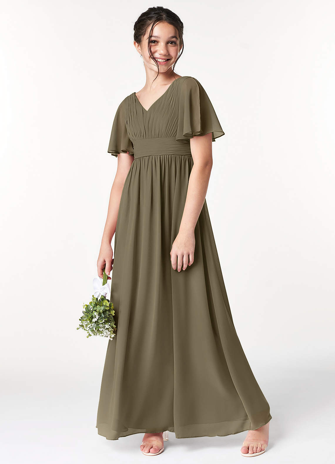 Azazie Temeka Junior Willow Green A-Line Pleated Chiffon Dress image1