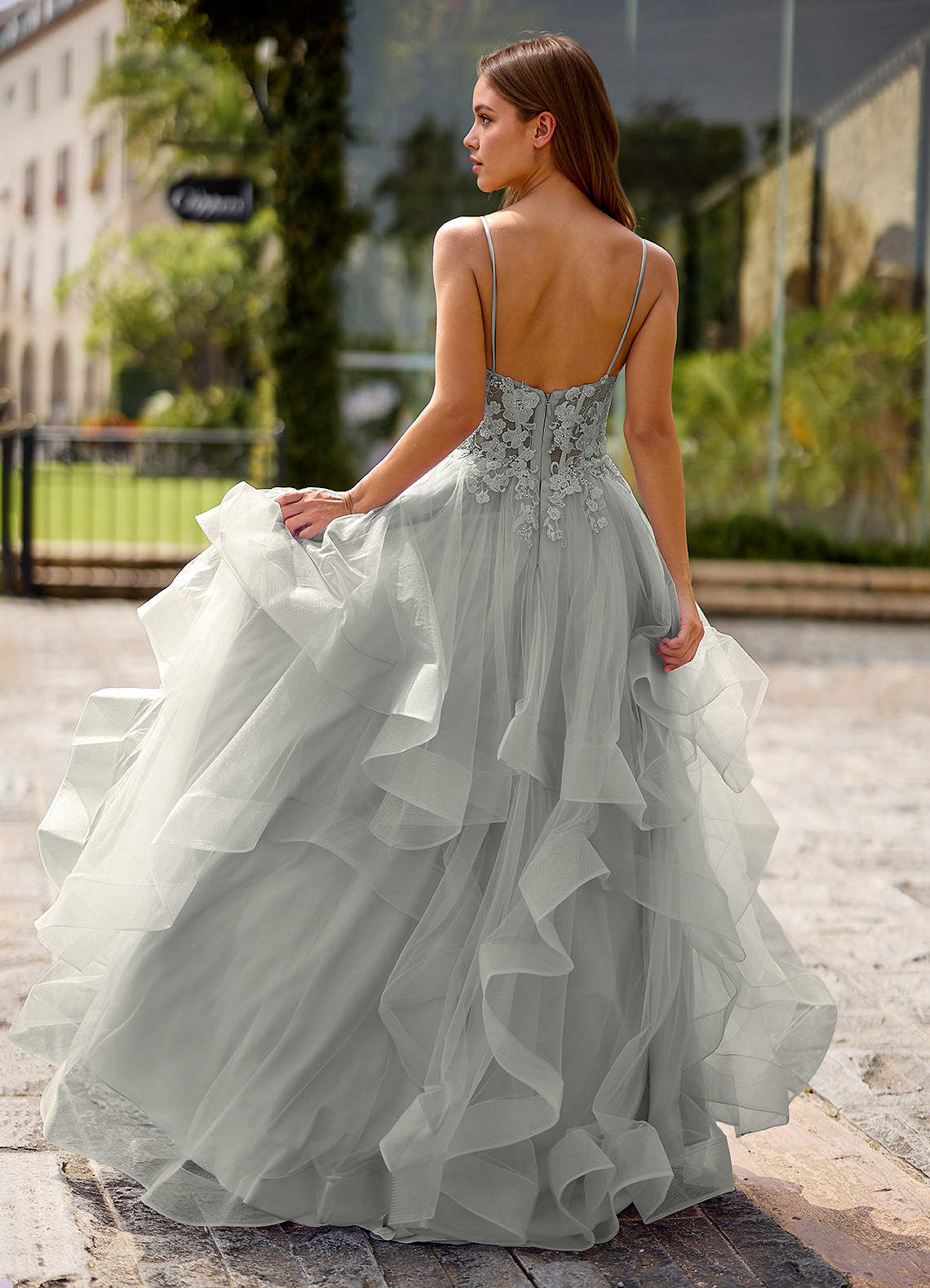 Spitze Silver Sheer Lace Prom Dress | Azazie