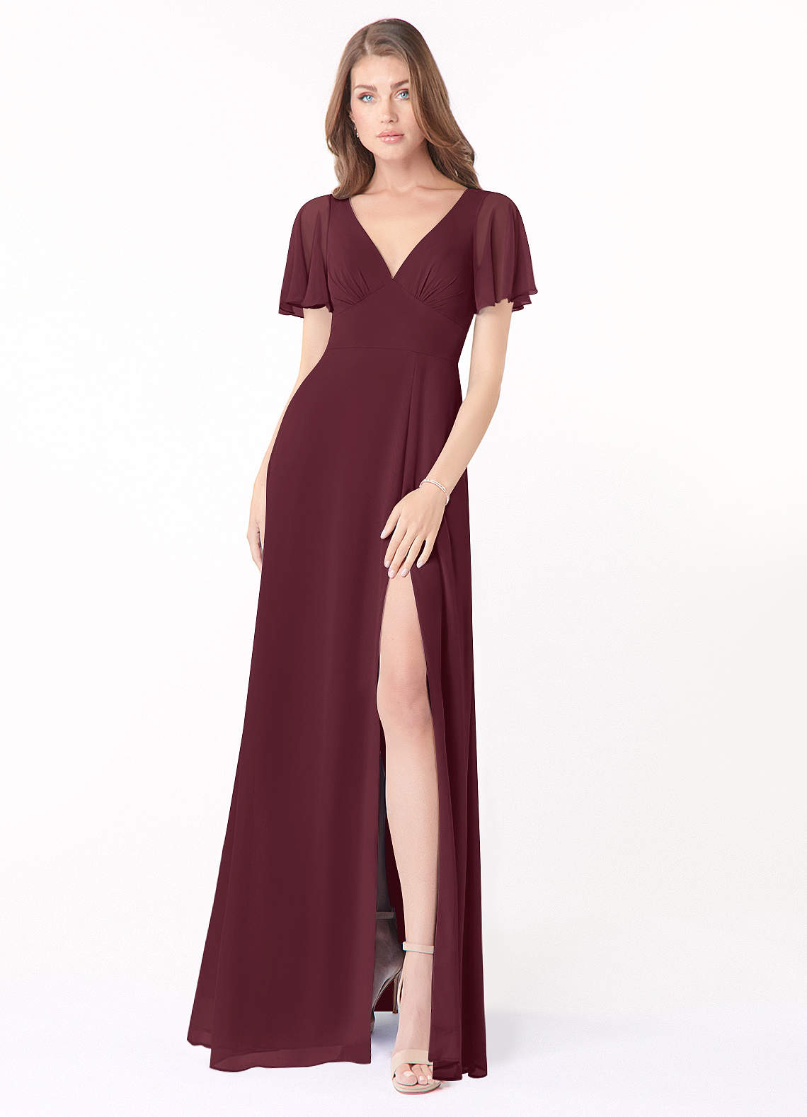 Azazie Kimber Jurken voor bruidsmeisjes Jurk van Chiffon met A-Lijn Flounce mouwen Cabernet image1