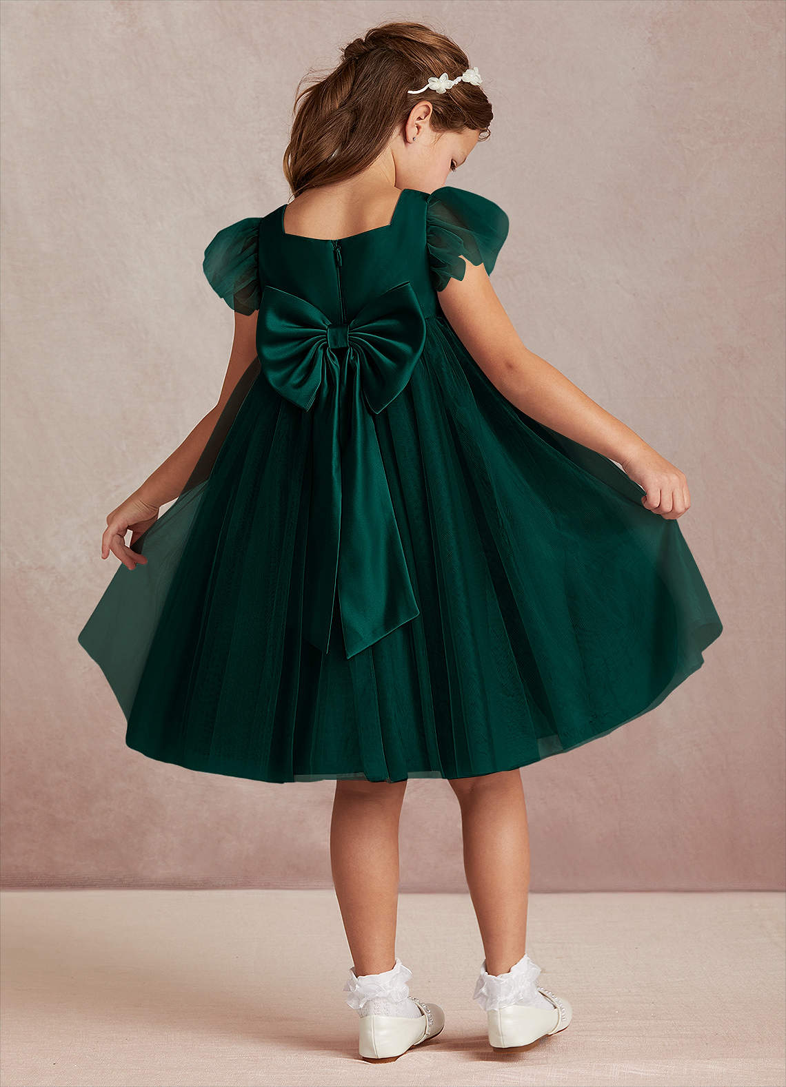 Azazie Kalio Flower Girl Dresses Pine A-Line with Sleeves Tulle Dress image1