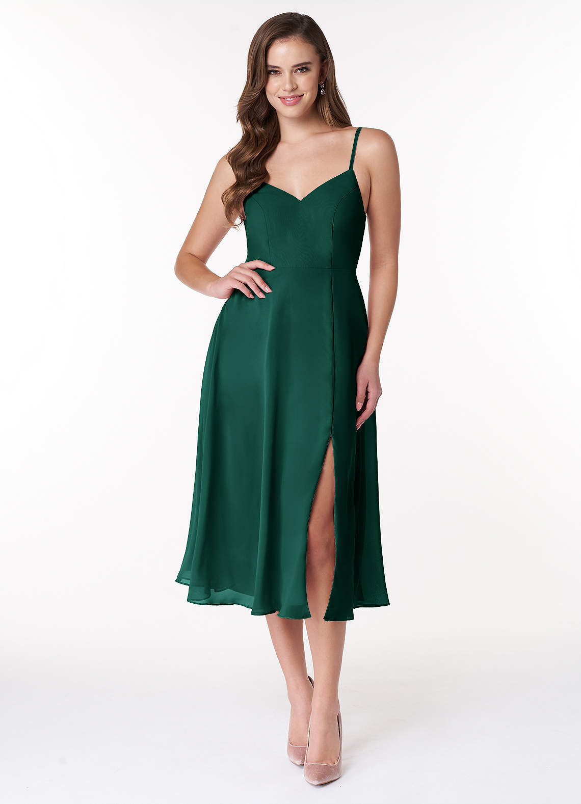 Azazie Clarissa Brautjungfernkleider A-Linie V-Hals Chiffon Kleid Smaragd image1