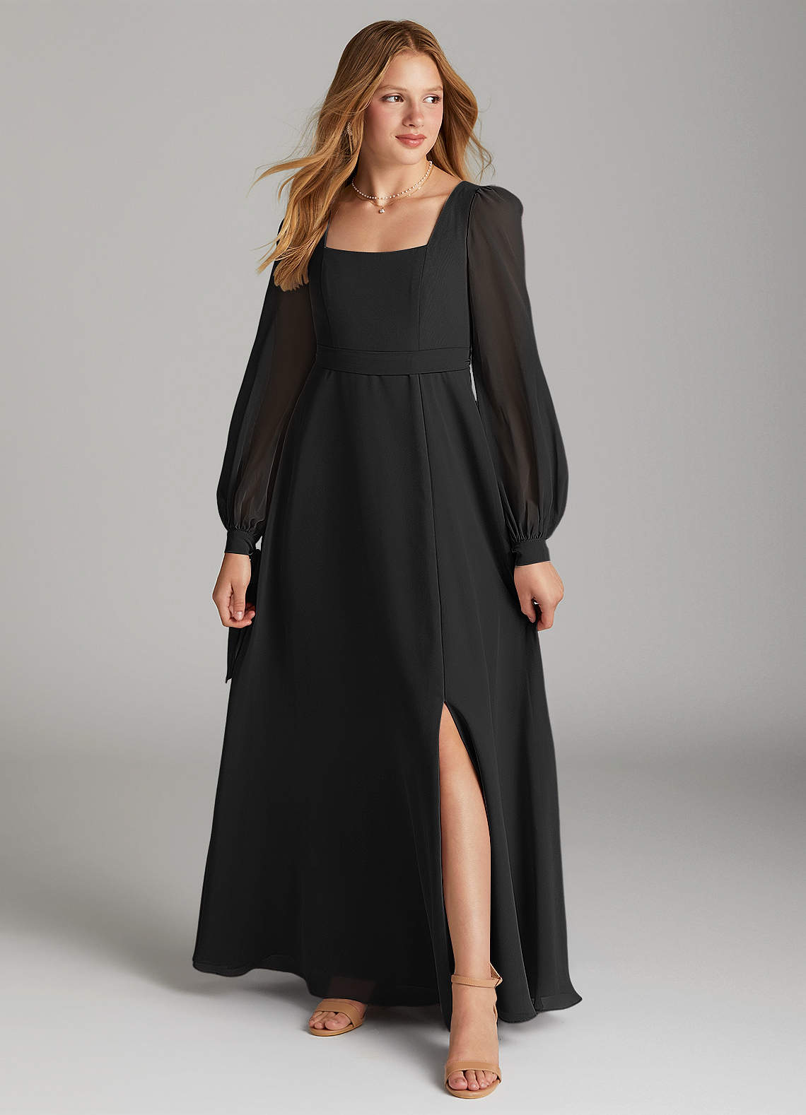 Azazie Leonia Junior Black A-Line with Pockets Chiffon Dress image1