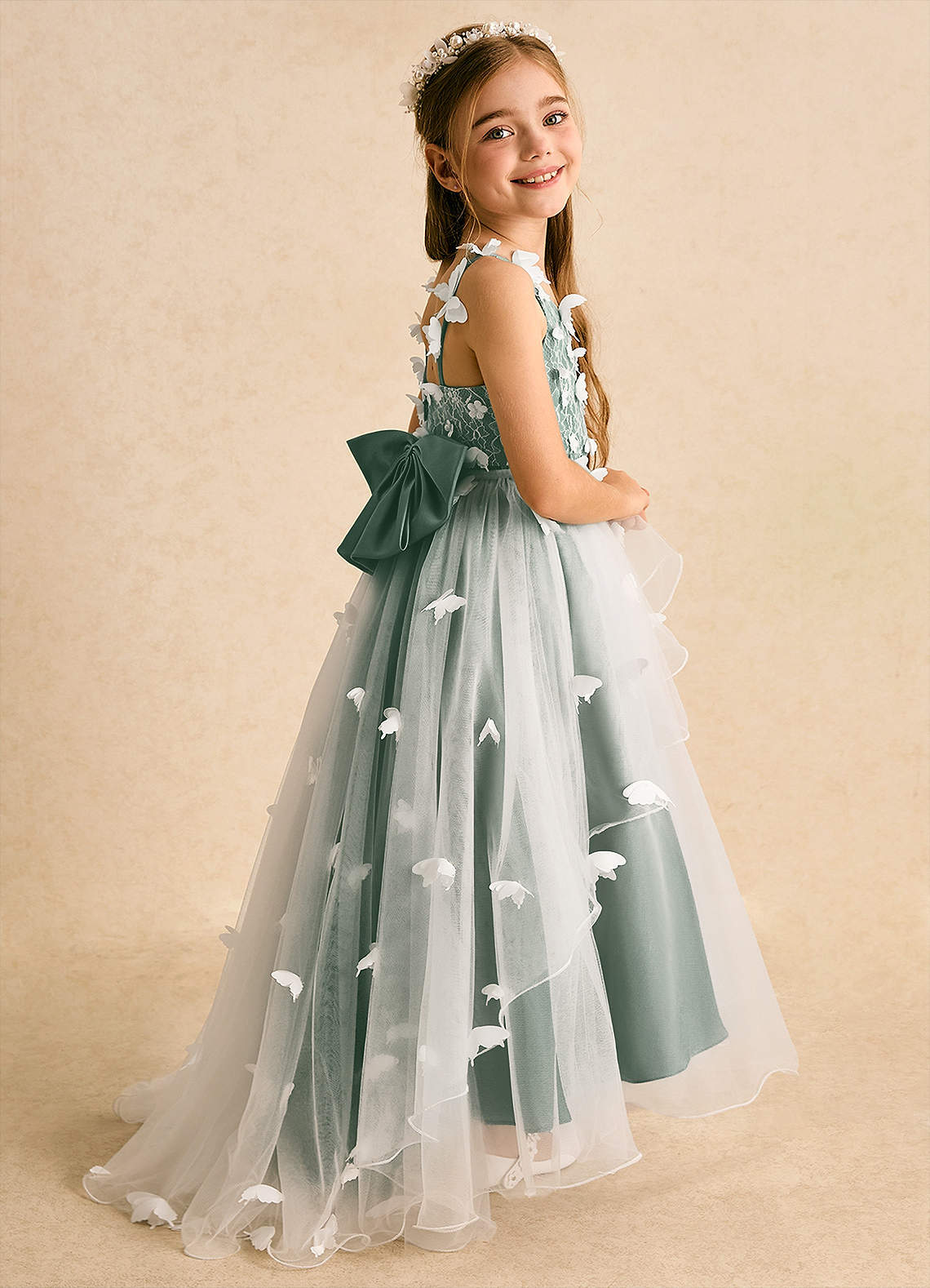 Azazie Darlina Flower Girl Dresses Ivory Eucalyptus Ball-Gown Lace Tulle Dress image1