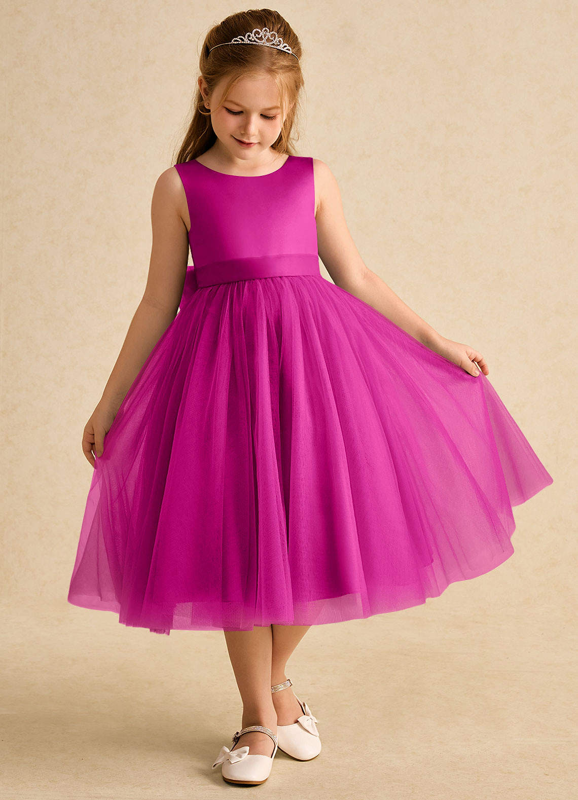 Azazie Winnie Robe Demoiselle D'honneur Fillette Robe Princesse en Tulle Arc Fuchsia image1