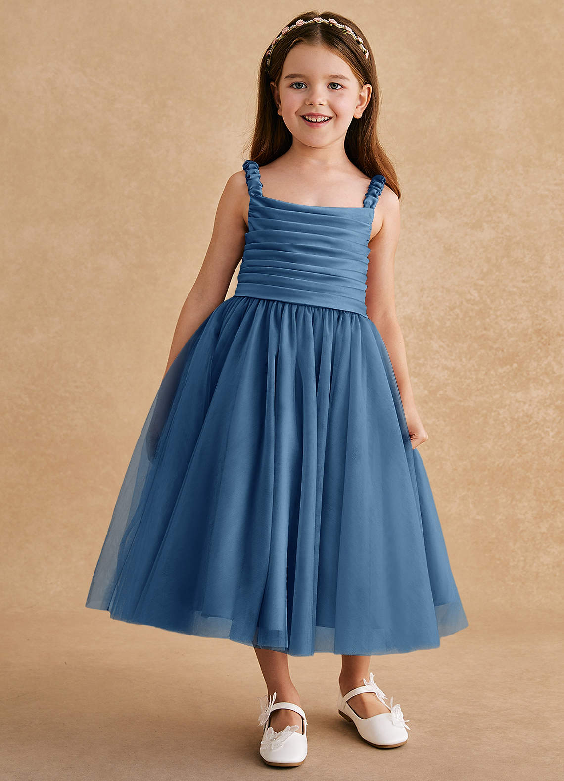 Azazie Gabbie Flower Girl Dresses Twilight A-Line Pleated Matte Satin Dress image1