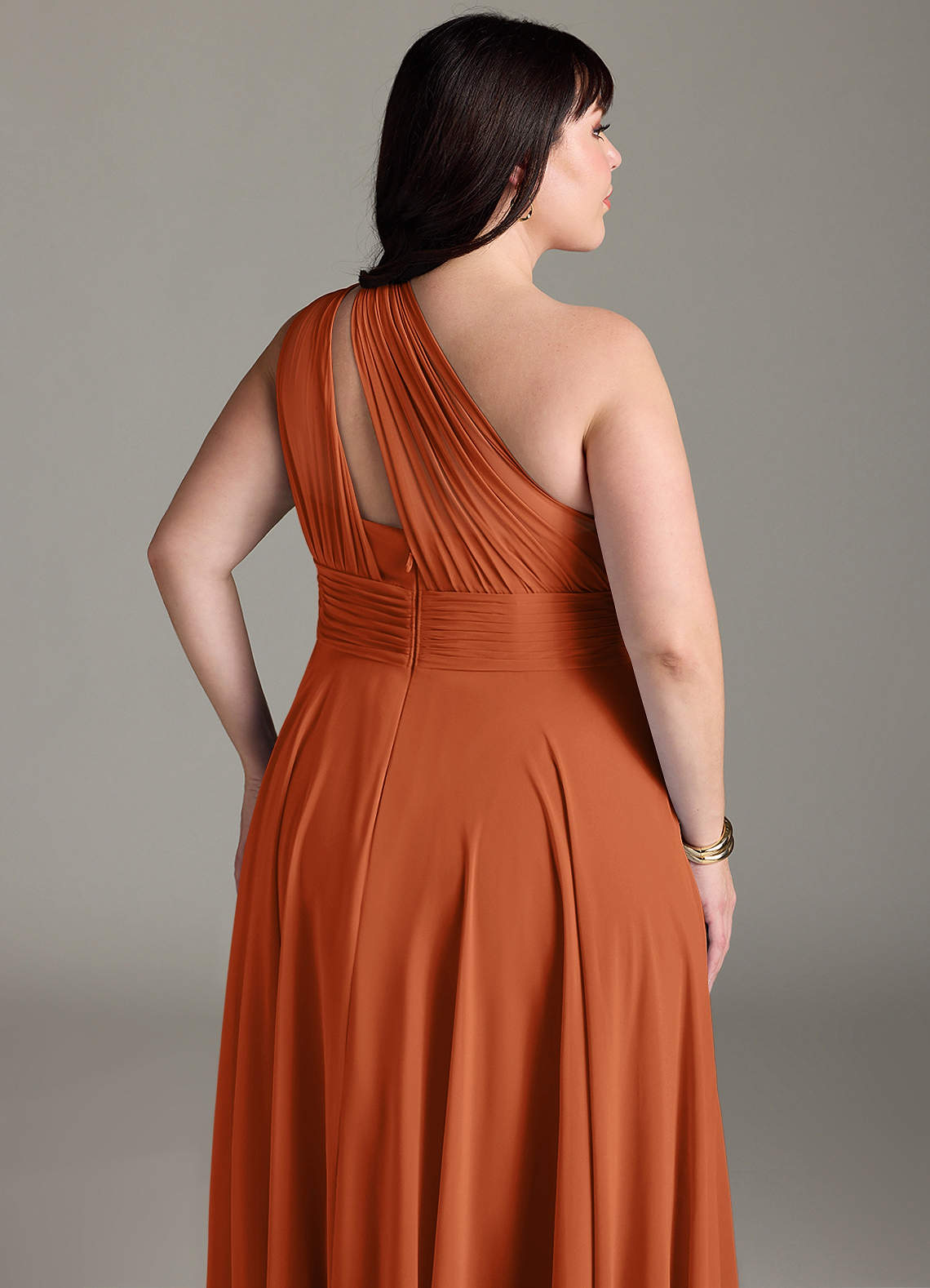 Azazie Charlize Vestidos de damas de honor Vestido de Naranja Quemada de Gasa de Corte en A con Hombro unilateral image12