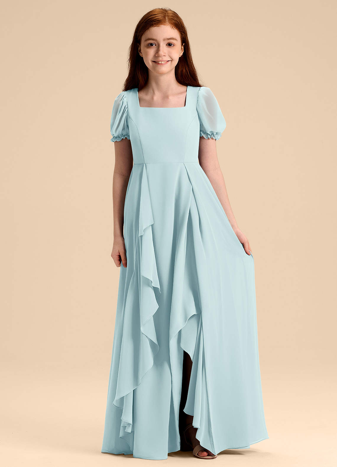 Azazie Priya Junior Abito A-Line in Chiffon Blusa Sea Glass image1