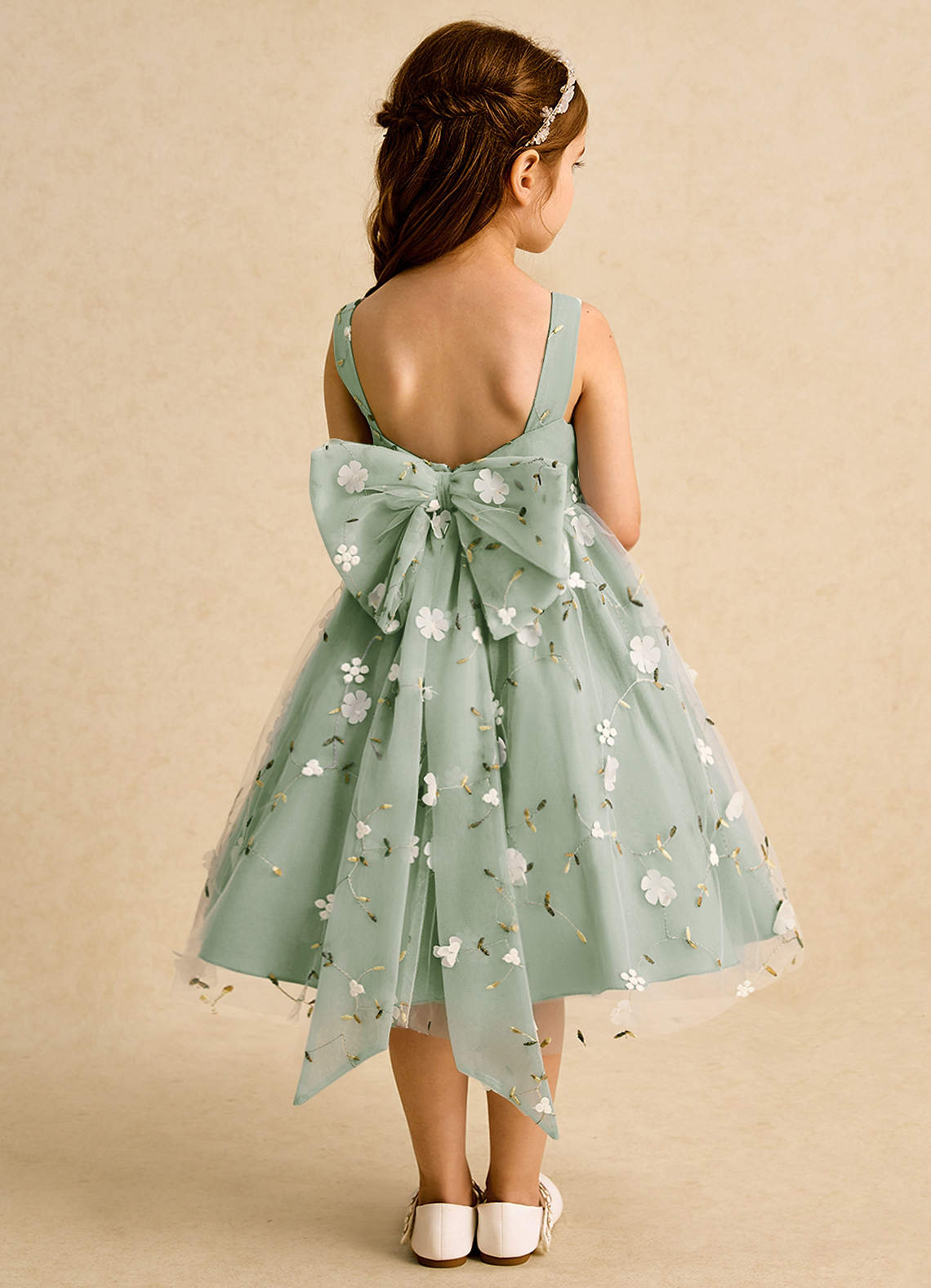 Azazie Bean Flower Girl Dresses Dusty Sage Ball-Gown Sleeveless Tulle Dress image1