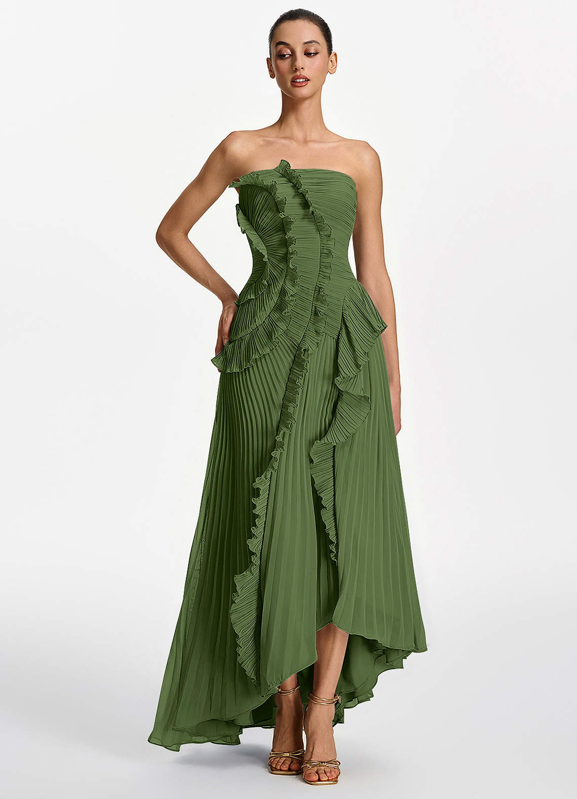 Azazie Olive A-Line Ankle-Length Sweet 16 Dress Ruffles Corset Pleated Chiffon Straight