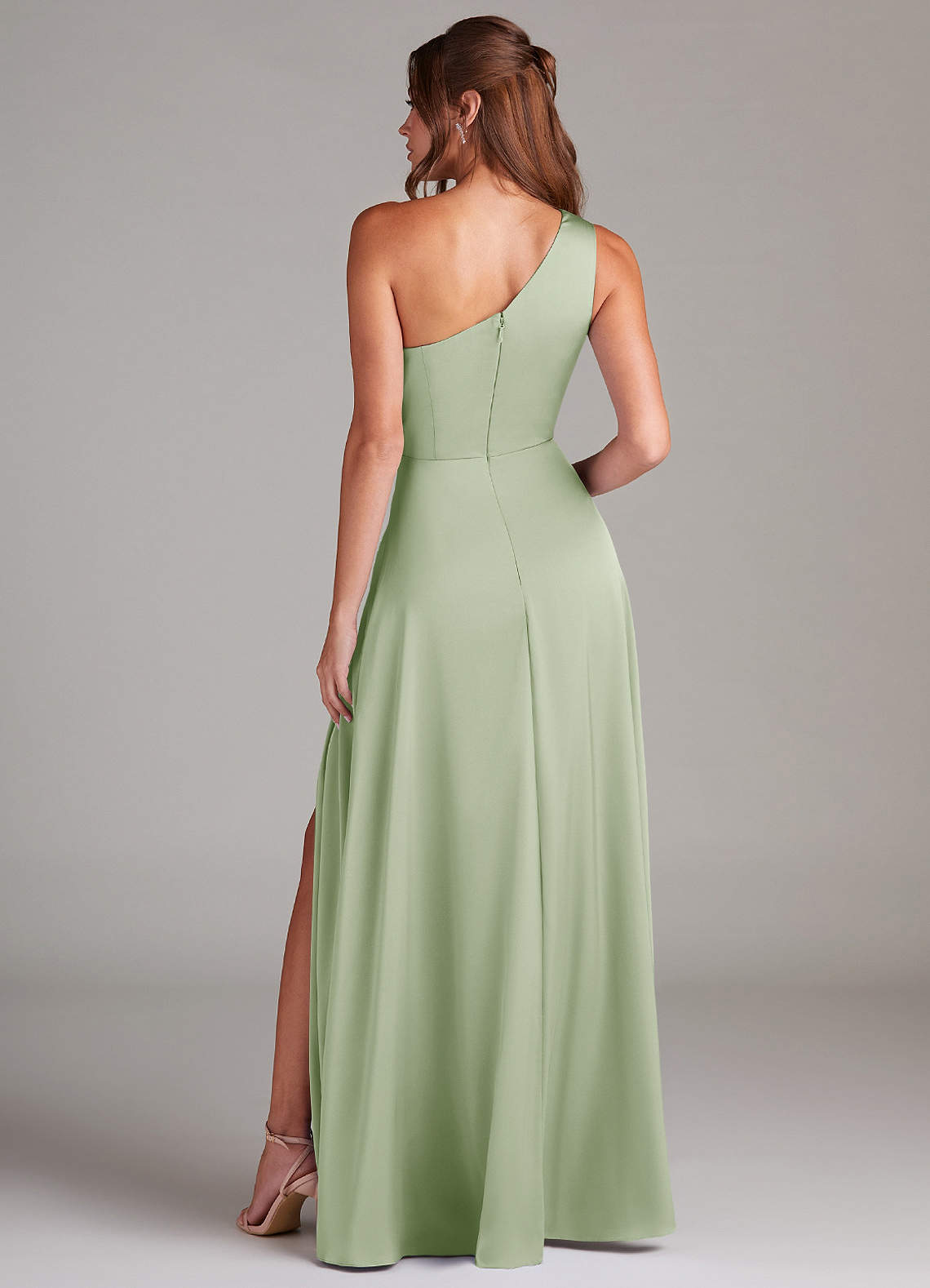 Azazie Brooke Bridesmaid Dresses Dusty Sage A-Line One Shoulder Stretch Satin Dress image6