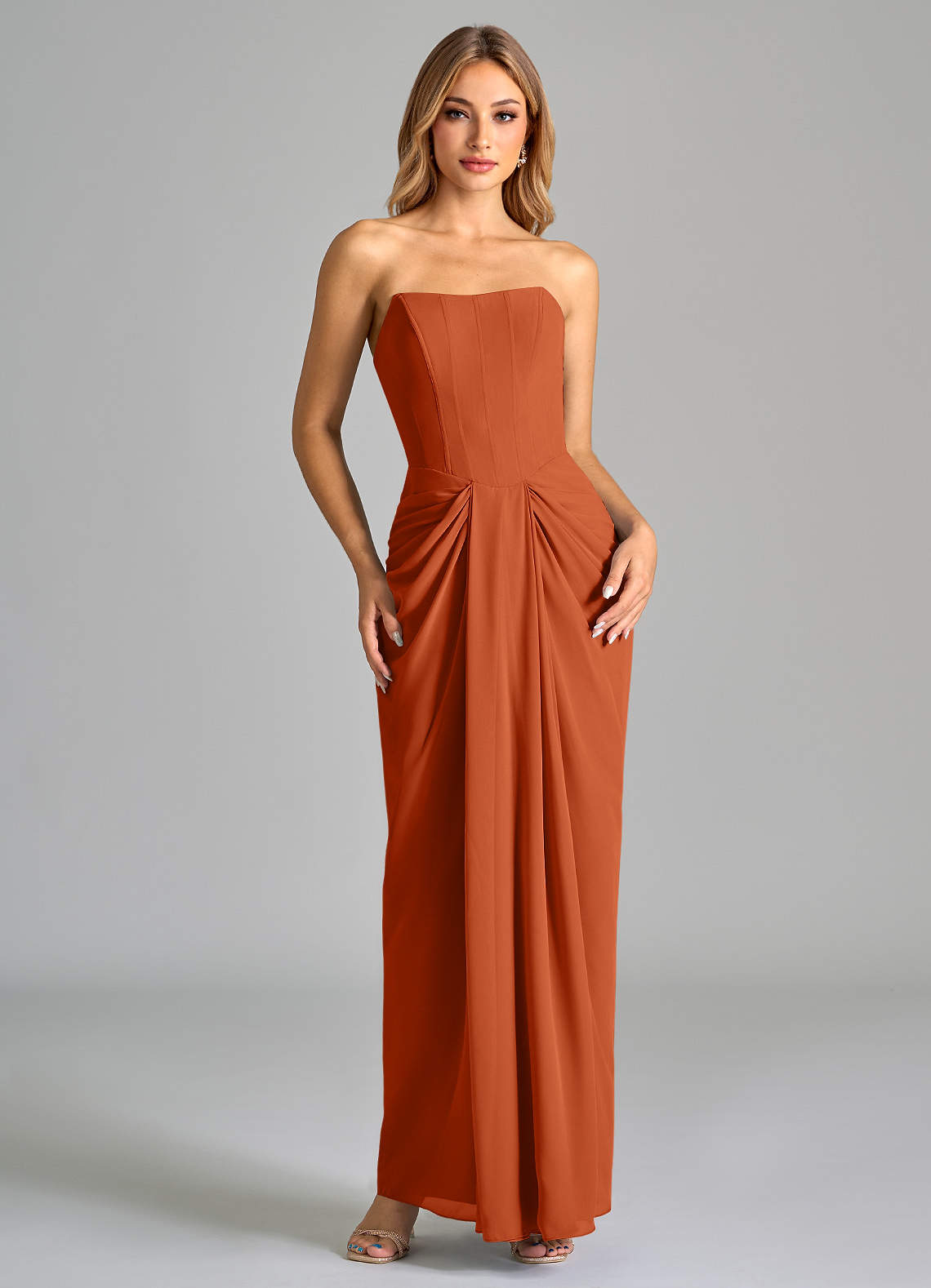 Azazie Anaïs Bridesmaid Dresses Burnt Orange Sheath Strapless Chiffon Dress image1