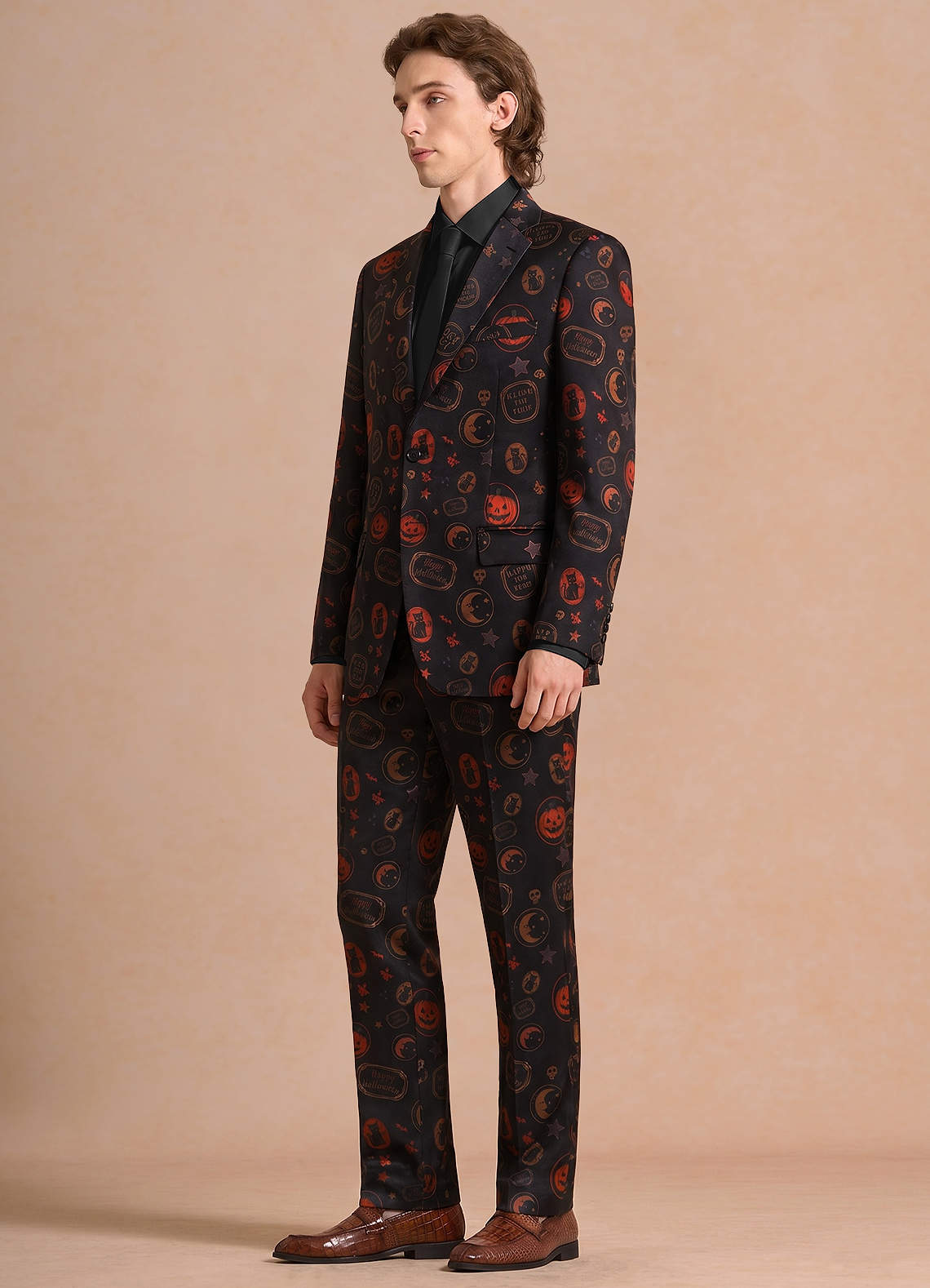 front Caleb Black Vintage Halloween Print Suit