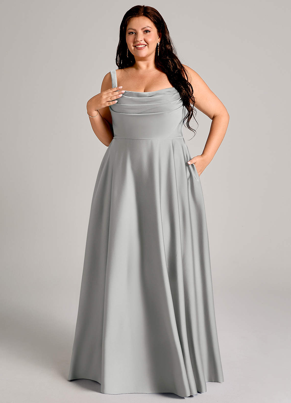 Azazie Shaude Brudepigekjoler En streg Plisseret Stræk satin Gulv-længde Kjole image10