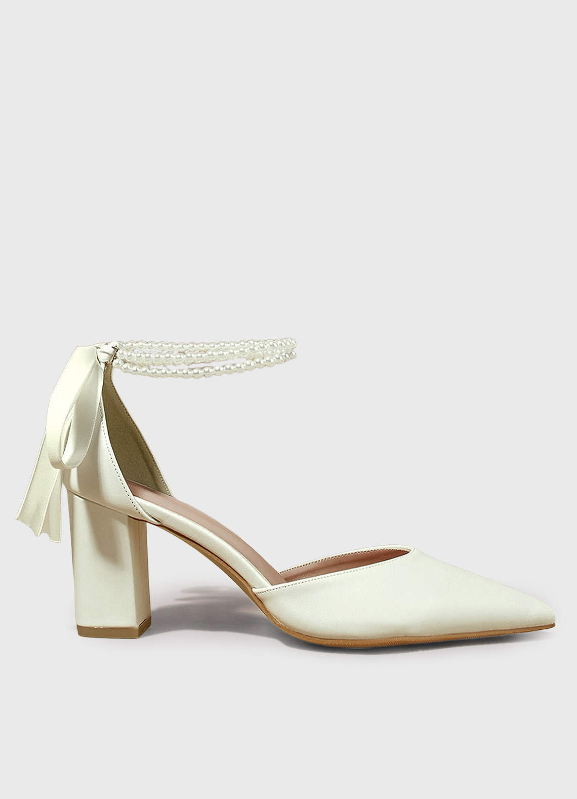 front Pearl Bow Ankle Strap Pumps