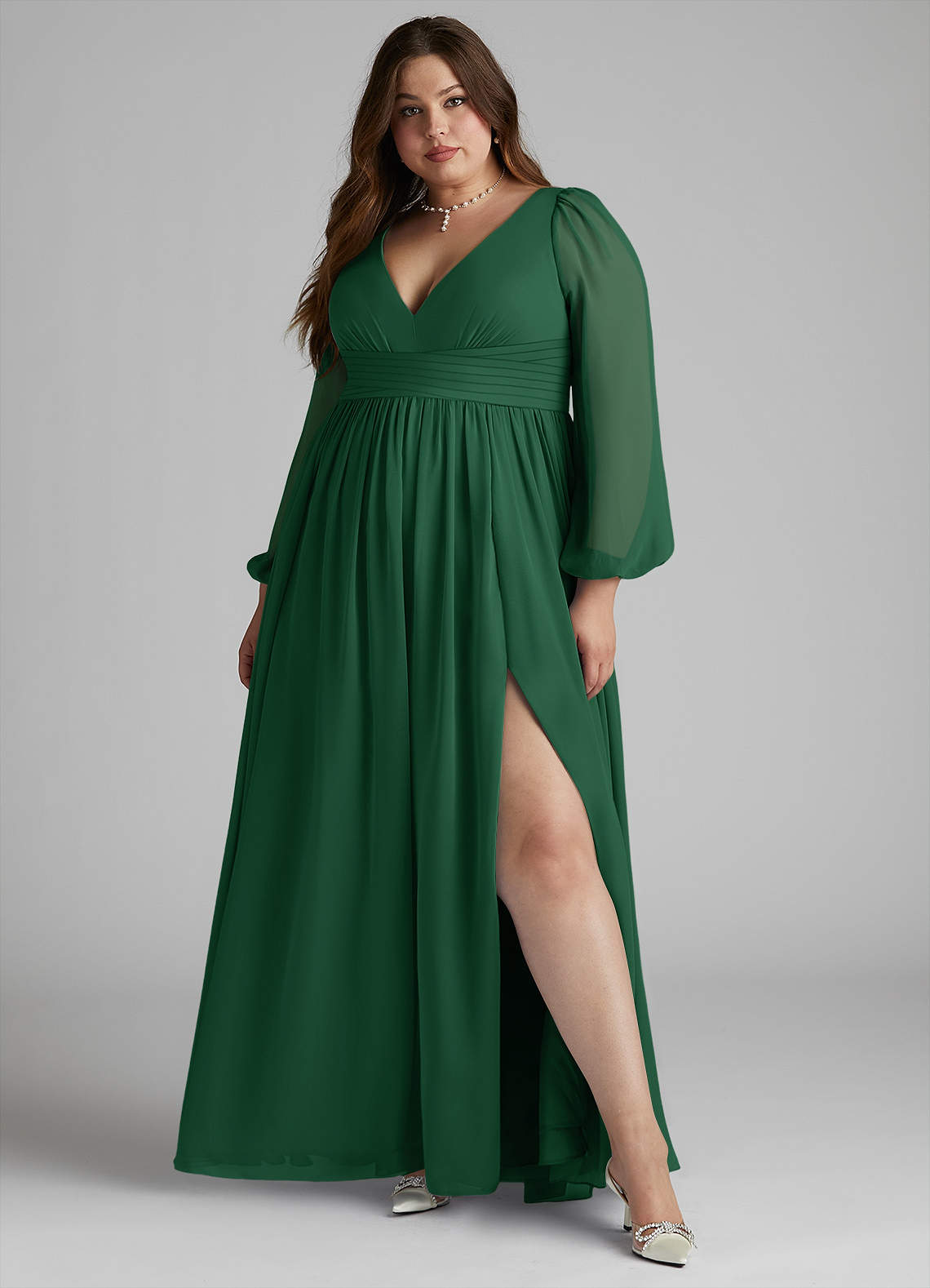 Azazie Norah Bridesmaid Dresses Dark Green A-Line V-Neck Long Sleeve Chiffon Dress image5