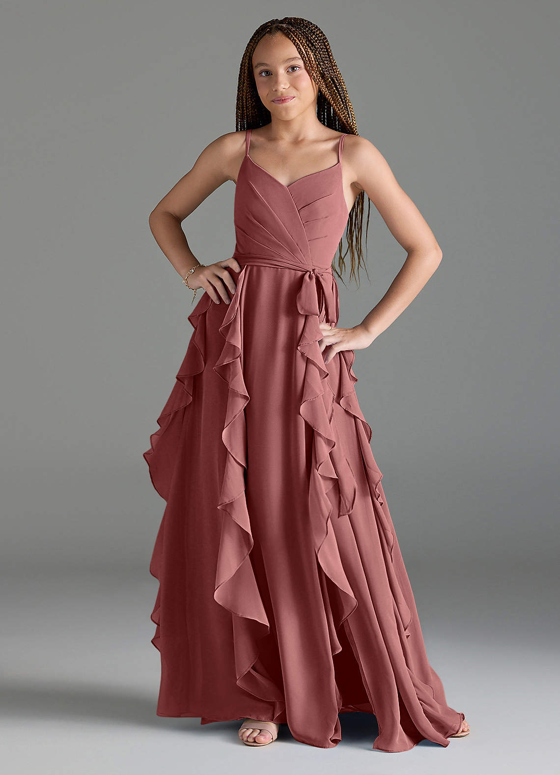 Azazie Peyton Junior Amethyst A-Line V-Neck Cascading Ruffles Chiffon Dress image1