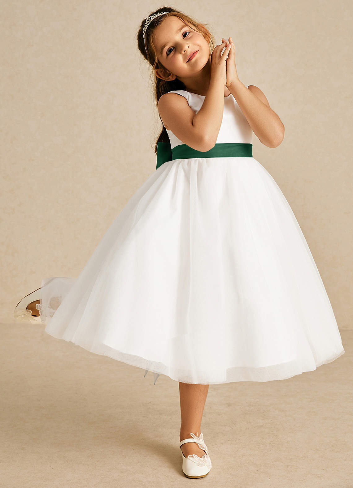 Azazie Kavi Flower Girl Dresses Ivory Dark Green A-Line Bow Matte Satin Dress image4