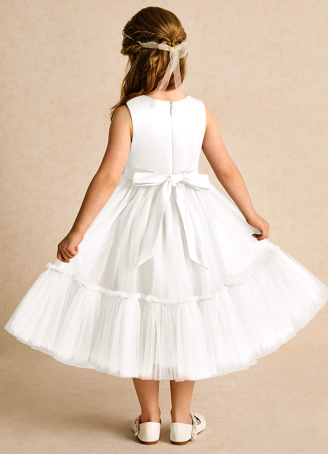 Azazie Miracle Flower Girl Dresses Ivory A-Line Bow Matte Satin Dress image1