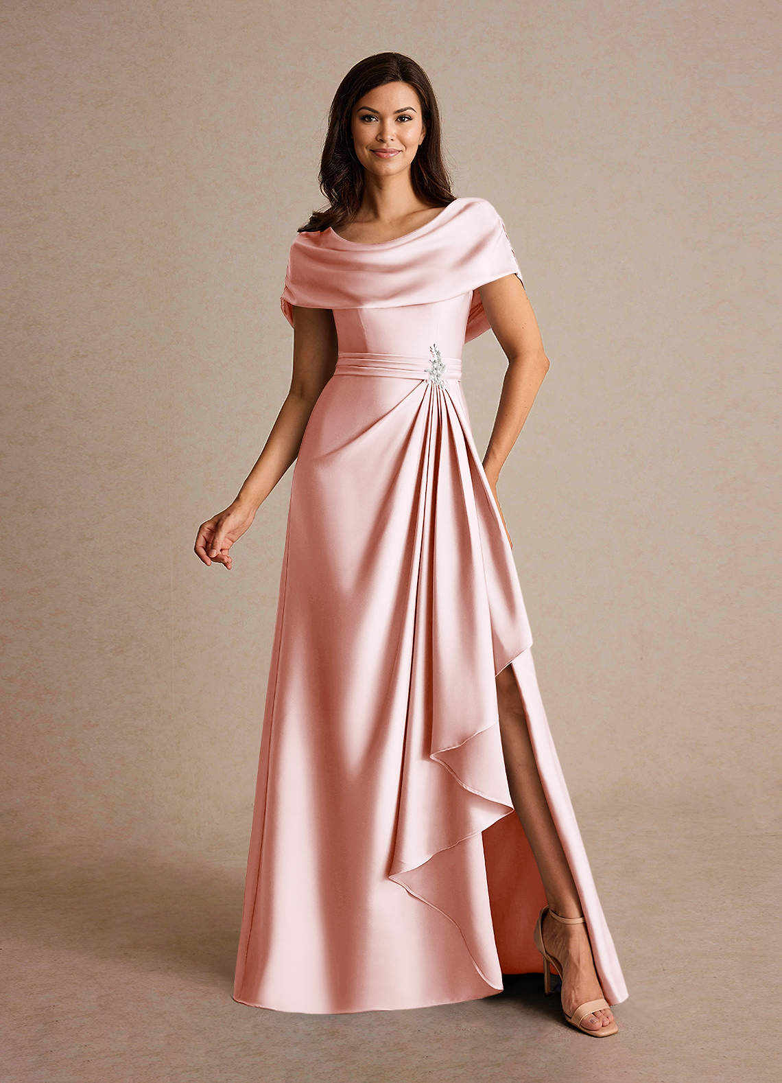 Azazie Branford Blushing Pink A-Line Pleated Stretch Satin Dress | Azazie AU