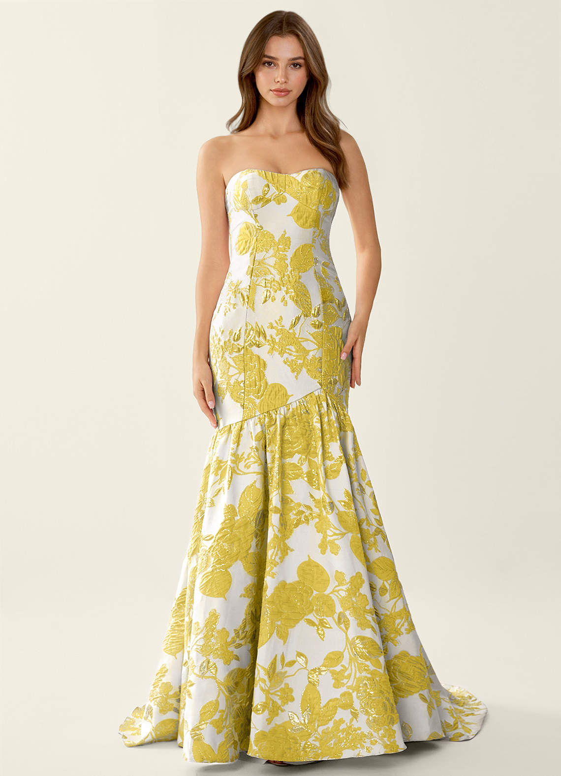 Jacinta Yellow Floral Jacquard wrap Mermaid Prom Dress | Azazie Jacinta Yellow Floral Jacquard wrap Mermaid Prom Dress | Azazie