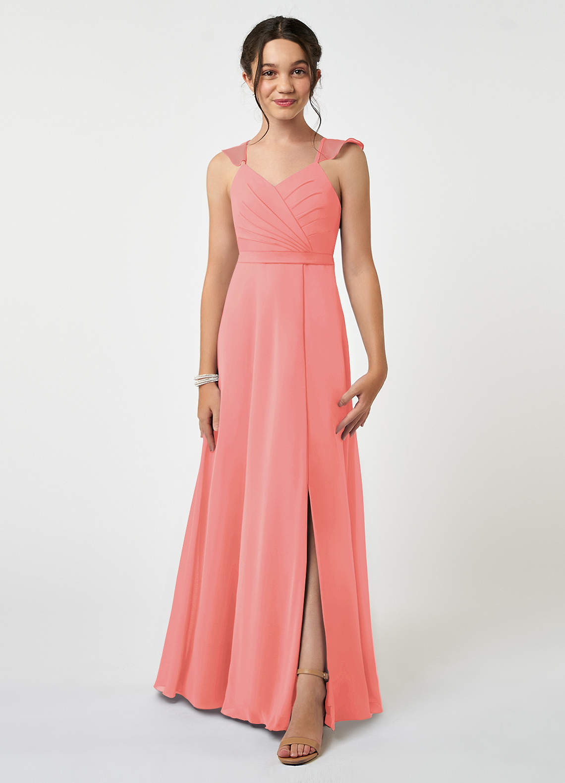Azazie Emily Junior Coral A-Line Ruched Chiffon Dress image1