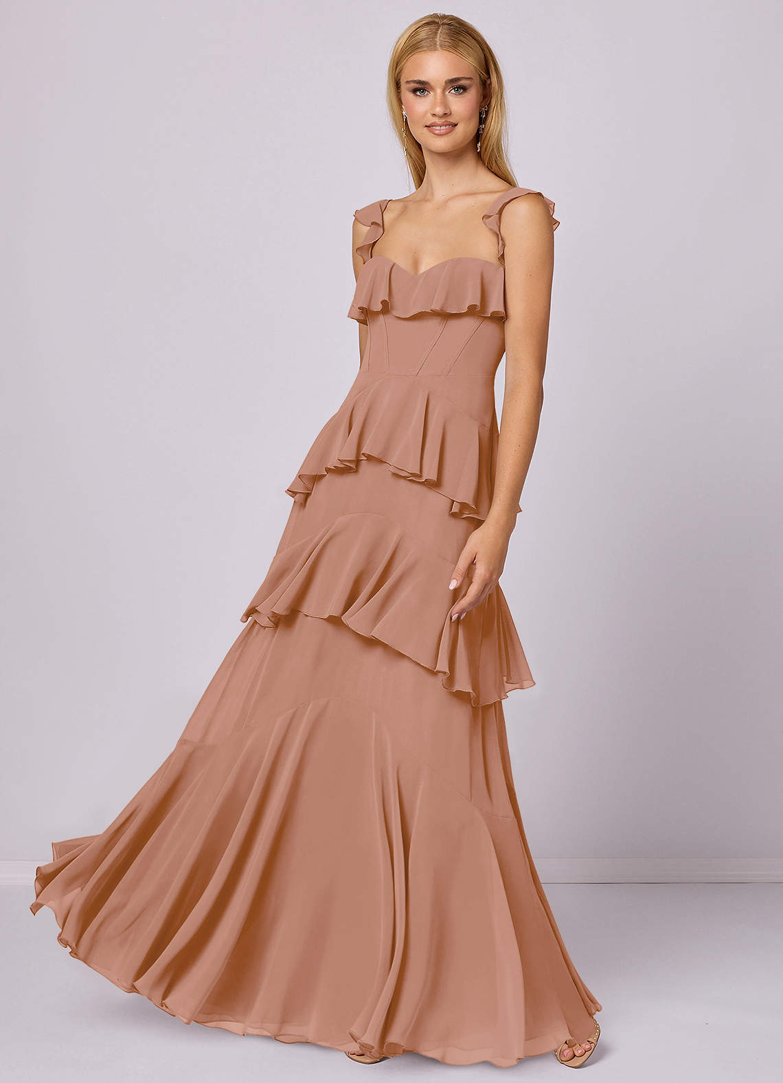 Barbie ♥ Azazie Brautjungfernkleider A-Linie Herzausschnitt Chiffon Kleid Champagner Rosa image1