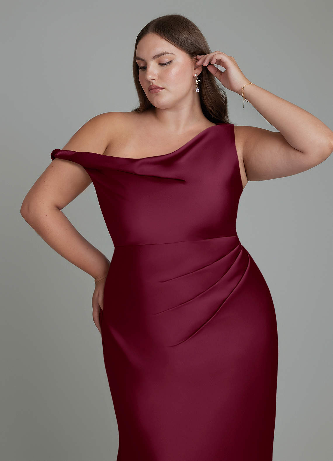 Azazie Emerson Bridesmaid Dresses Mulberry Mermaid Off the Shoulder Stretch Satin Dress image11