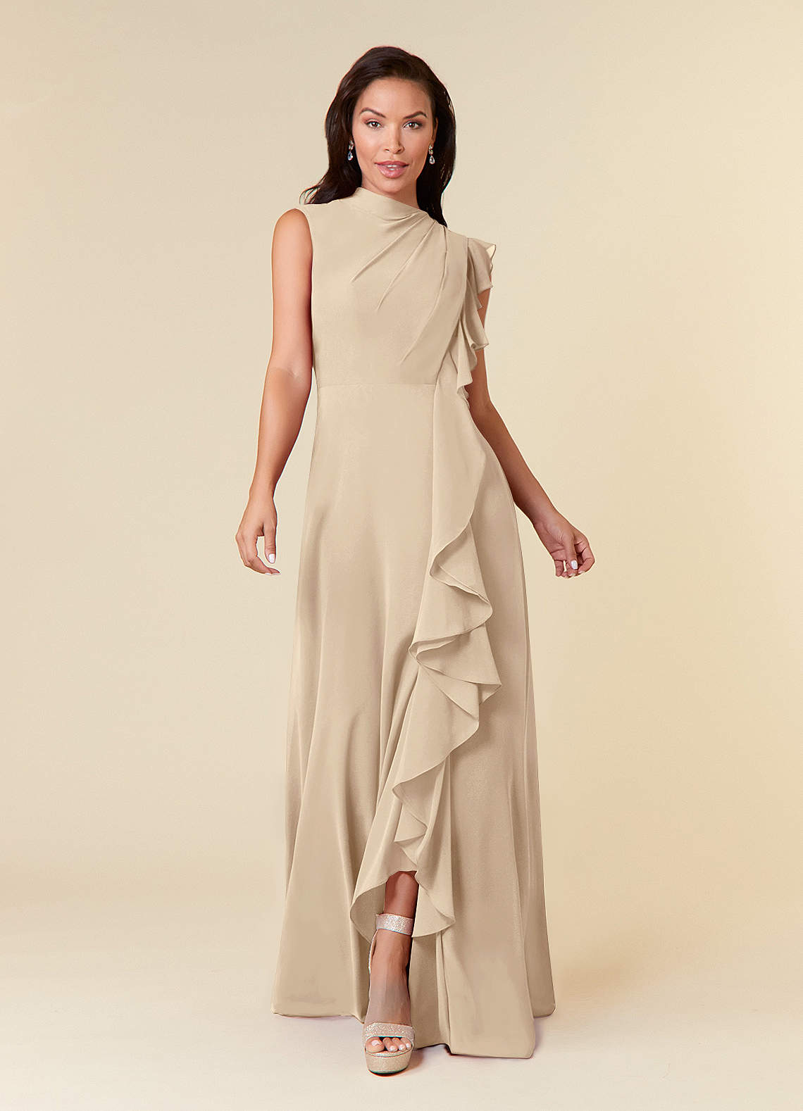 Azazie Narine Mother of the Bride Dresses Champagne A-Line High Neckline Pleated Chiffon Dress image2