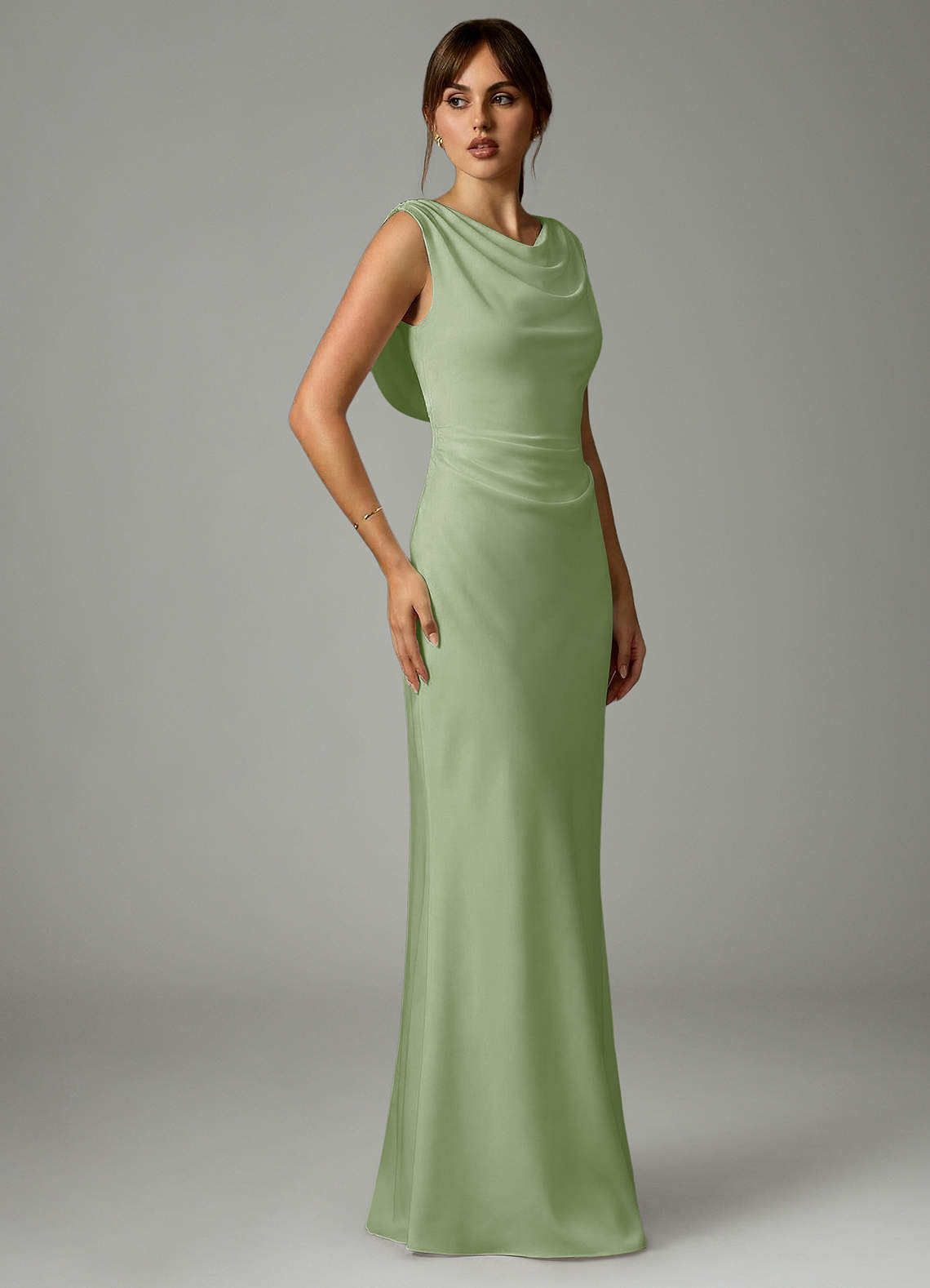 Azazie Kieryn Bridesmaid Dresses Dusty Sage Mermaid Pleated Stretch Satin Dress image3