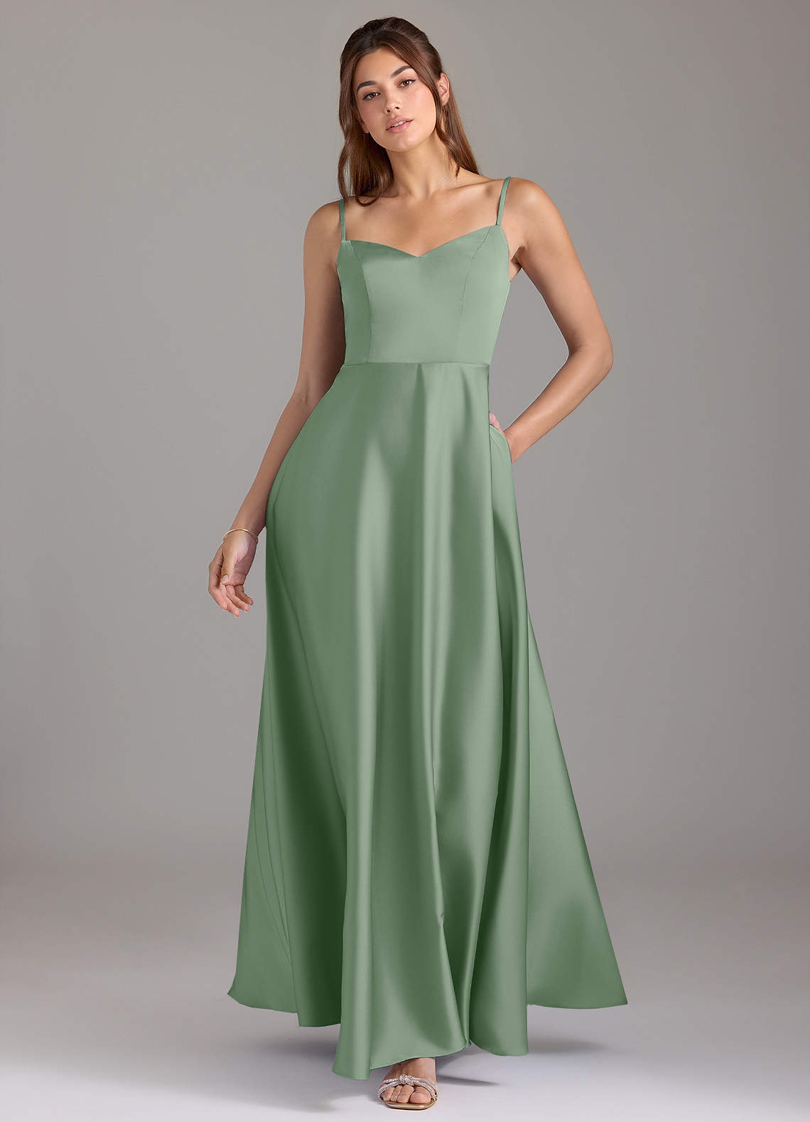 Azazie Marley Brautjungfernkleider Wandelbar A-Linie Schulterfrei Stretch-Satin Kleid Matcha image1