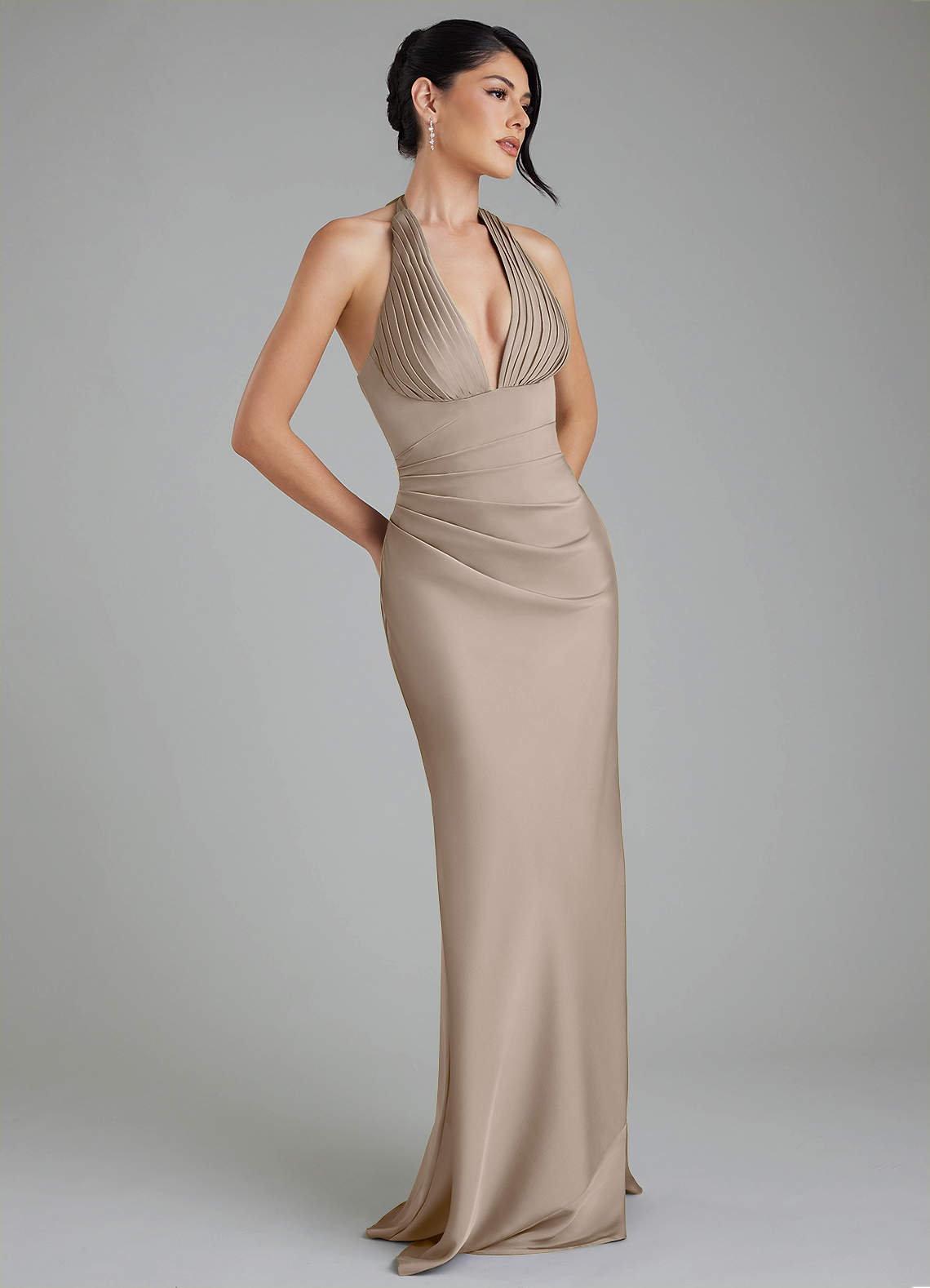 Anandamideリネンドレス Azazie Torrance Taupe Stretch Satin Bridesmaid Dresses | Azazie