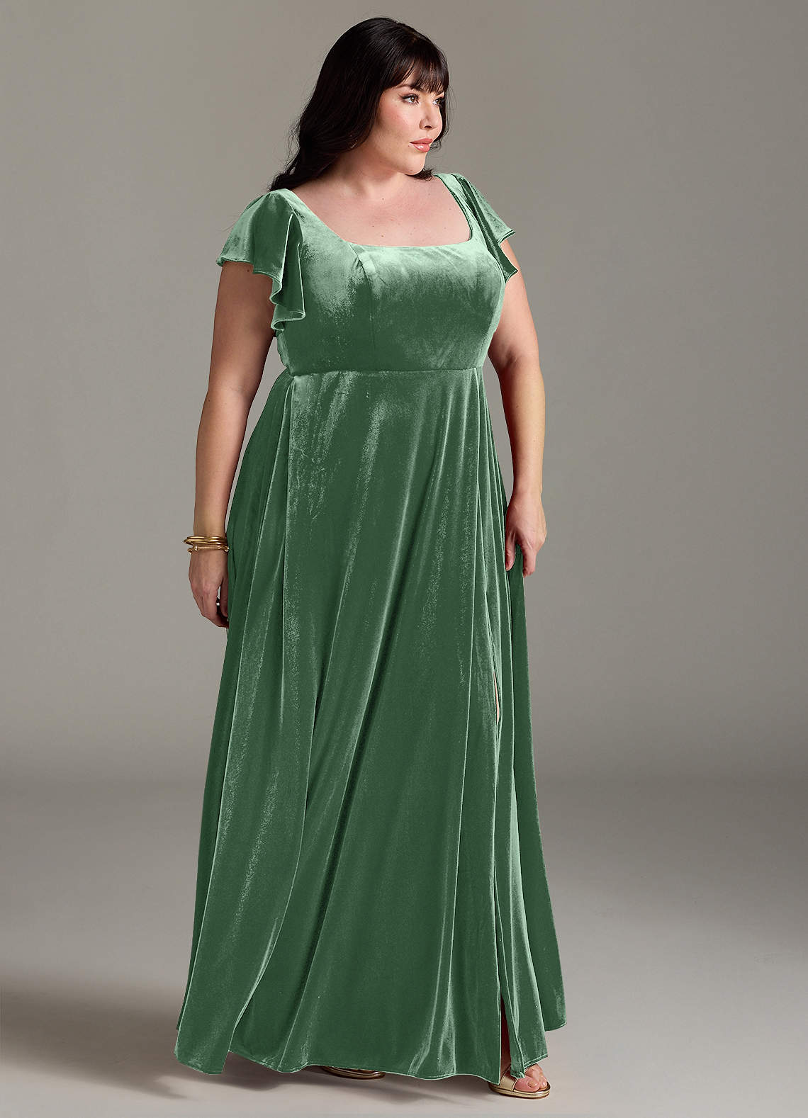 Azazie Bondi Robes de demoiselle d'honneur Robe Trapèze en velours Fente Latérale Eucalyptus image8