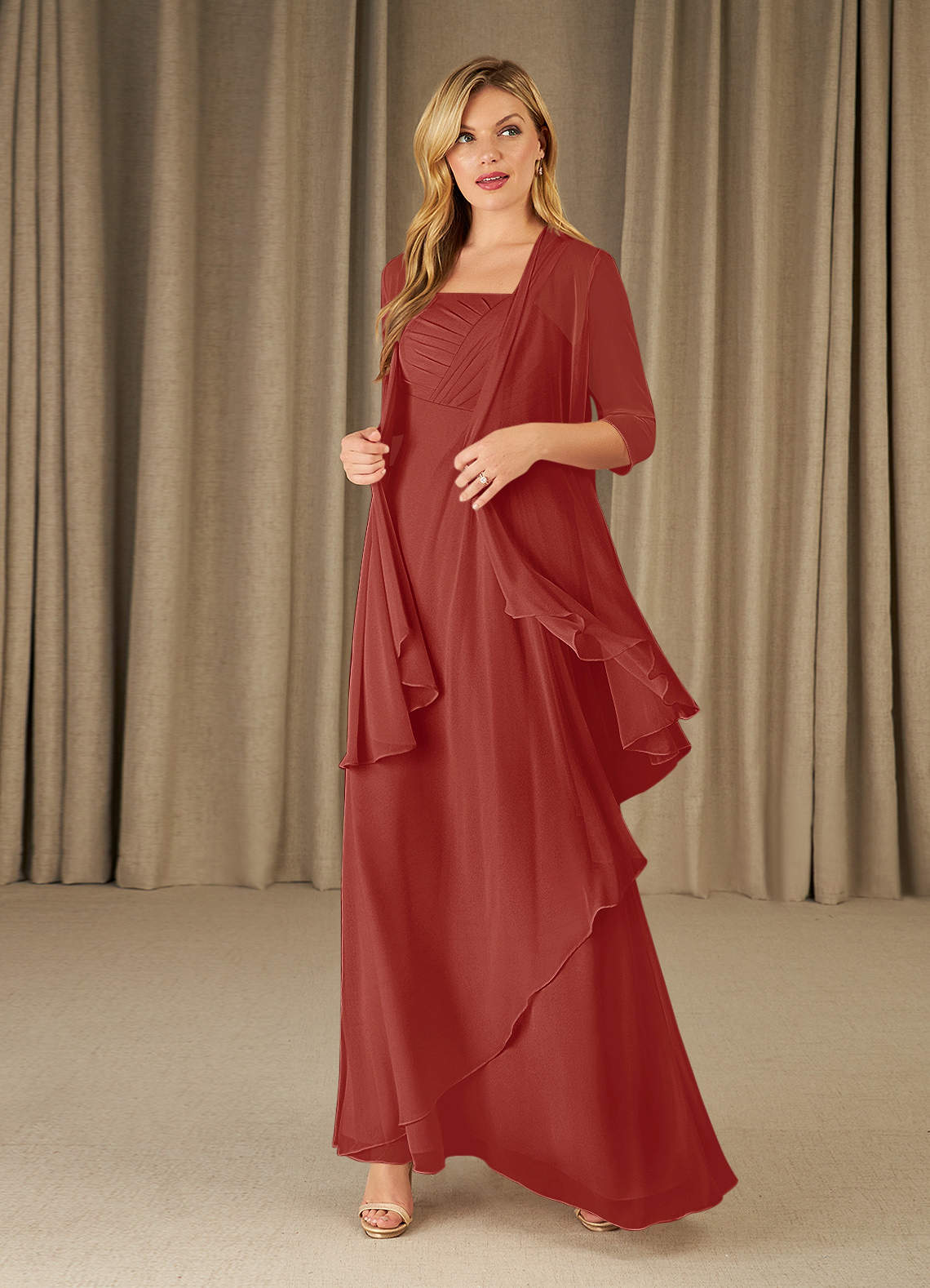 Azazie Weisz Terracotta A-Line Square Neckline Pleated Chiffon Dress |  Azazie