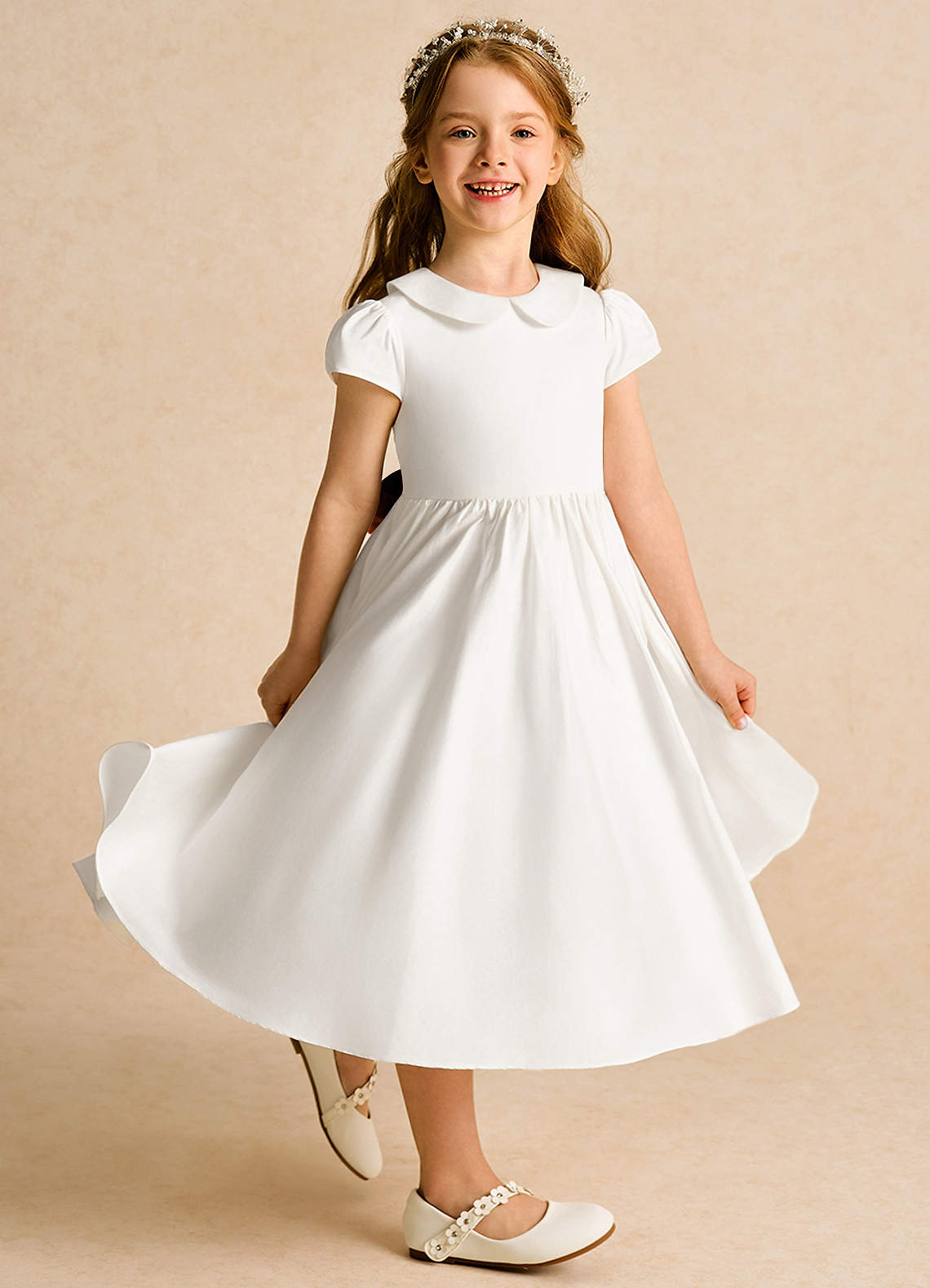 Azazie Deary Flower Girl Dresses Ivory Burnt Orange A-Line Bow Cotton Dress image2