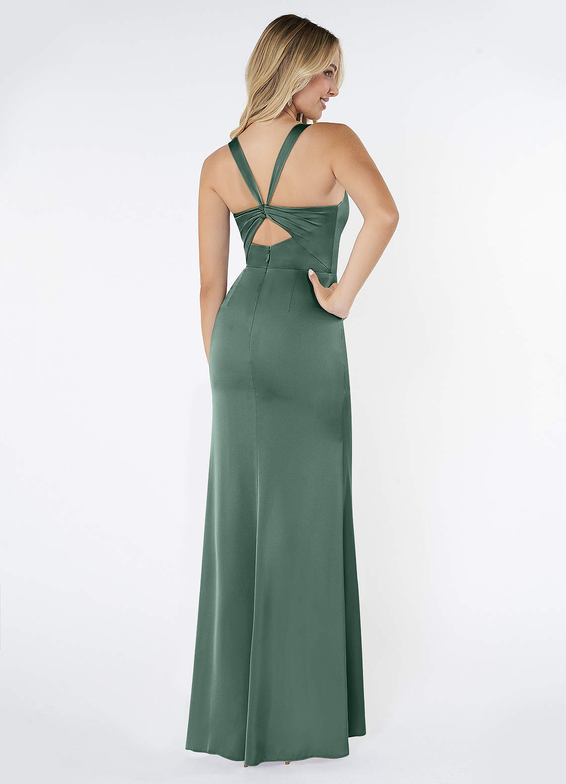 Azazie Mero Bridesmaid Dresses Eucalyptus Sheath Pleated Stretch Satin Dress image2
