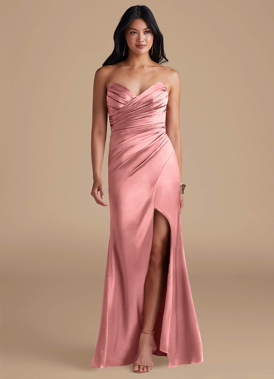Azazie Yola Bridesmaid Dresses Rosette Sheath Pleated Metallic Satin Dress image1